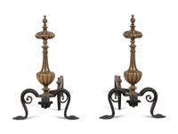 A Pair of Continental Gilt Bronze Lobed Baluster Andirons