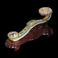 A Chinese Molded Famille Rose Porcelain Ruyi Scepter 粉彩瓷如意配木座