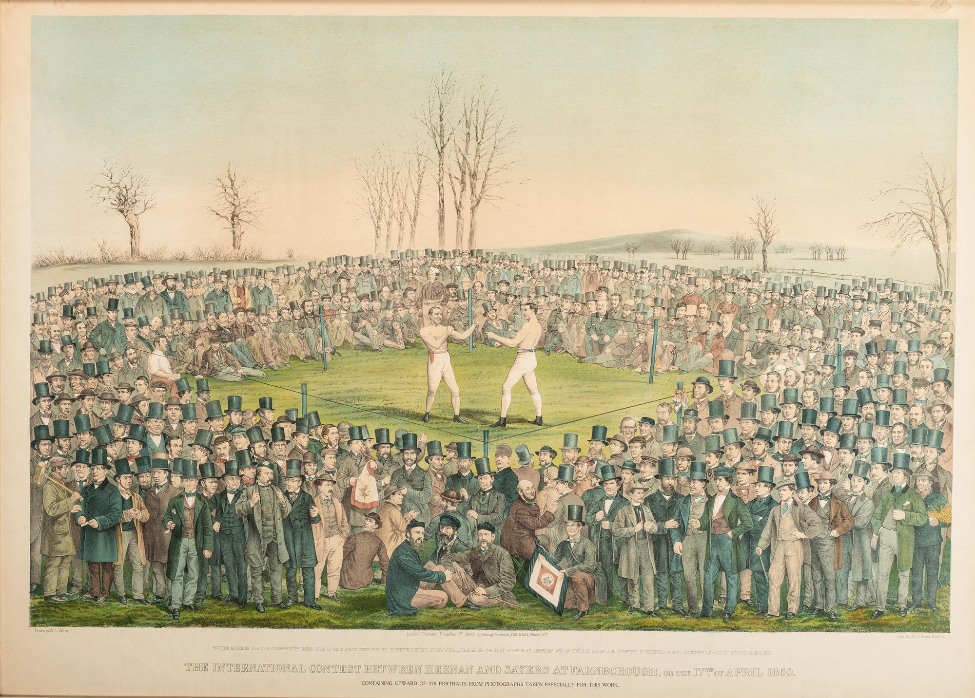 [SPORTS] -- [BOXING]. WALTON, W.L., artist. BUFFORD SONS, lithographer. George NEWBOLD, publisher. The International Contest between Heenan and Sayers at Farnborough. London: 1860.