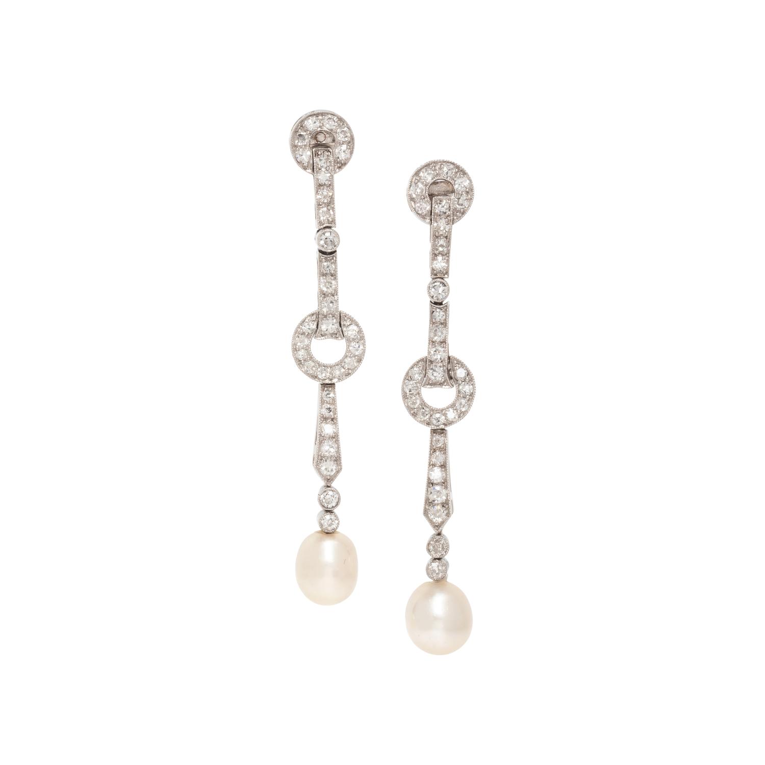 ART DECO, NATURAL PEARL AND DIAMOND EARRINGS