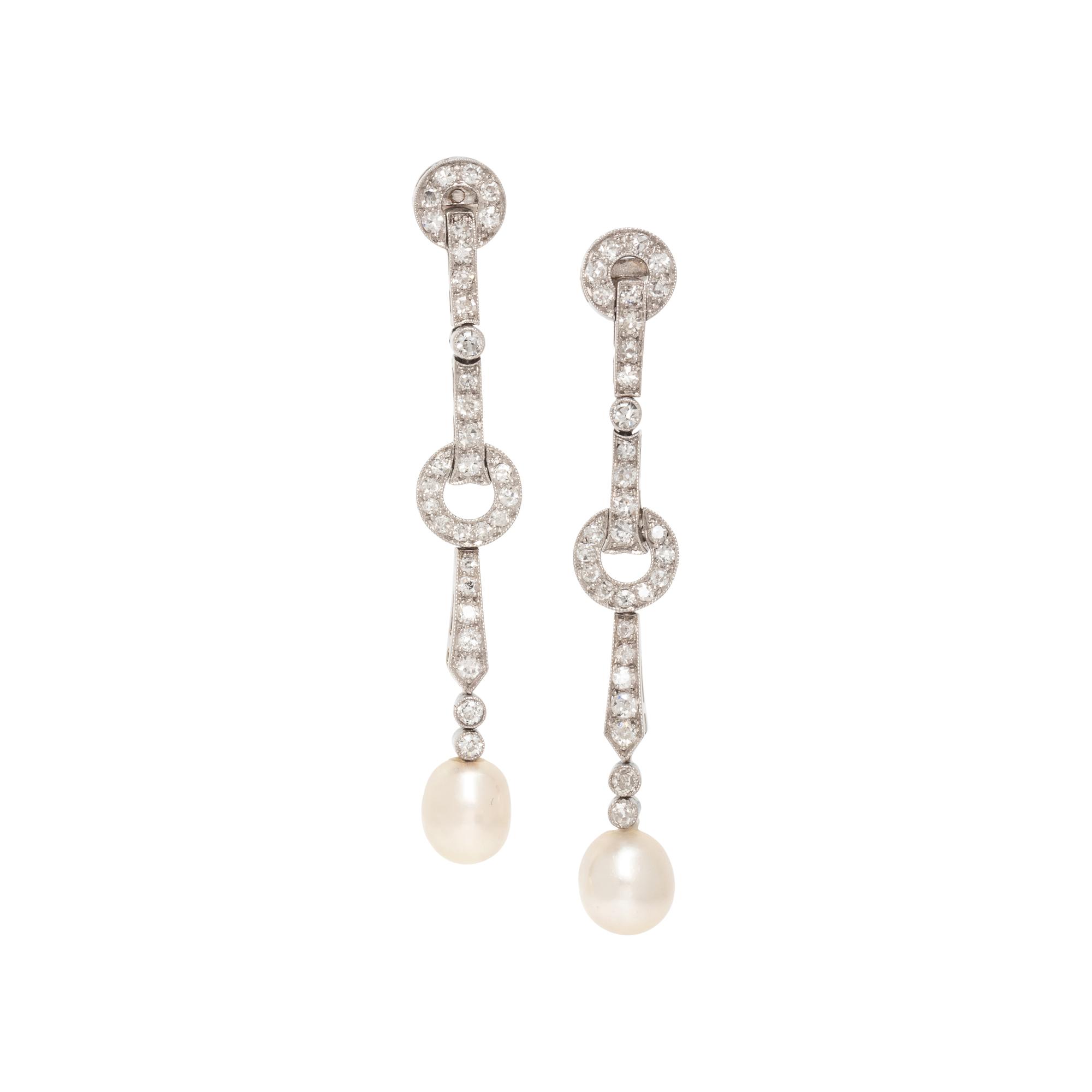 ART DECO, NATURAL PEARL AND DIAMOND EARRINGS