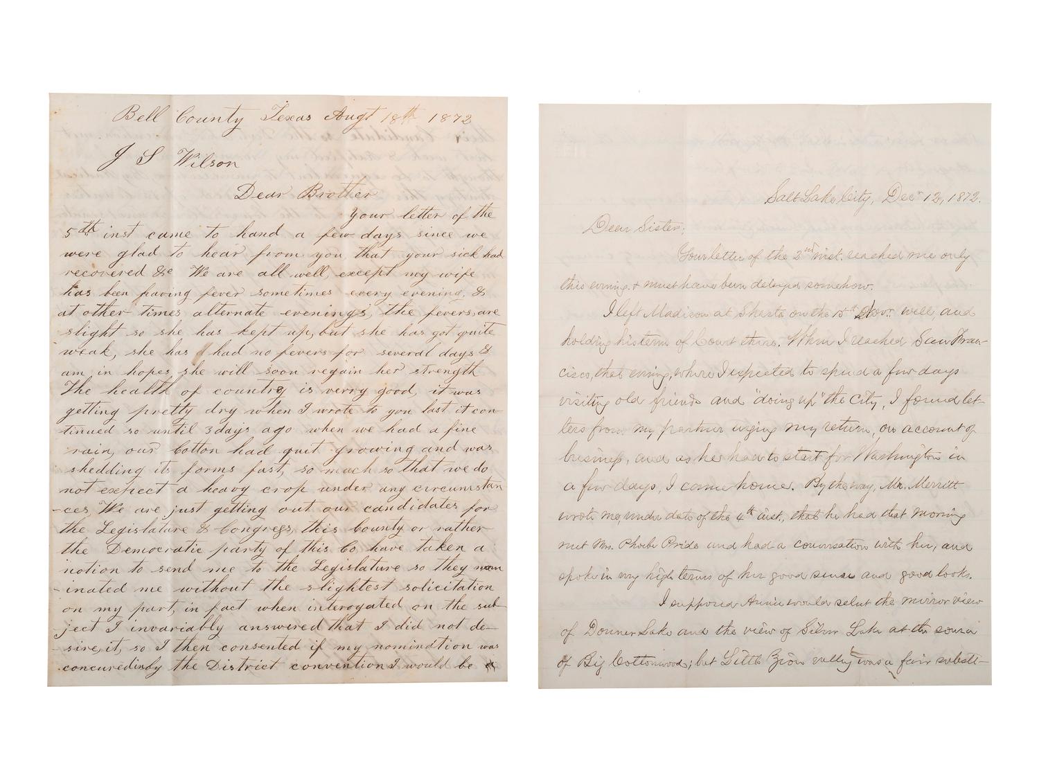 [WESTERN AMERICANA]. The Rosborough family archive, including letters relating to the California Gold Rush, the Modoc War, the Klondike Gold Rush, and early settlement and mining operations in Idaho Territory, Utah Territory, Nevada, and Texas.