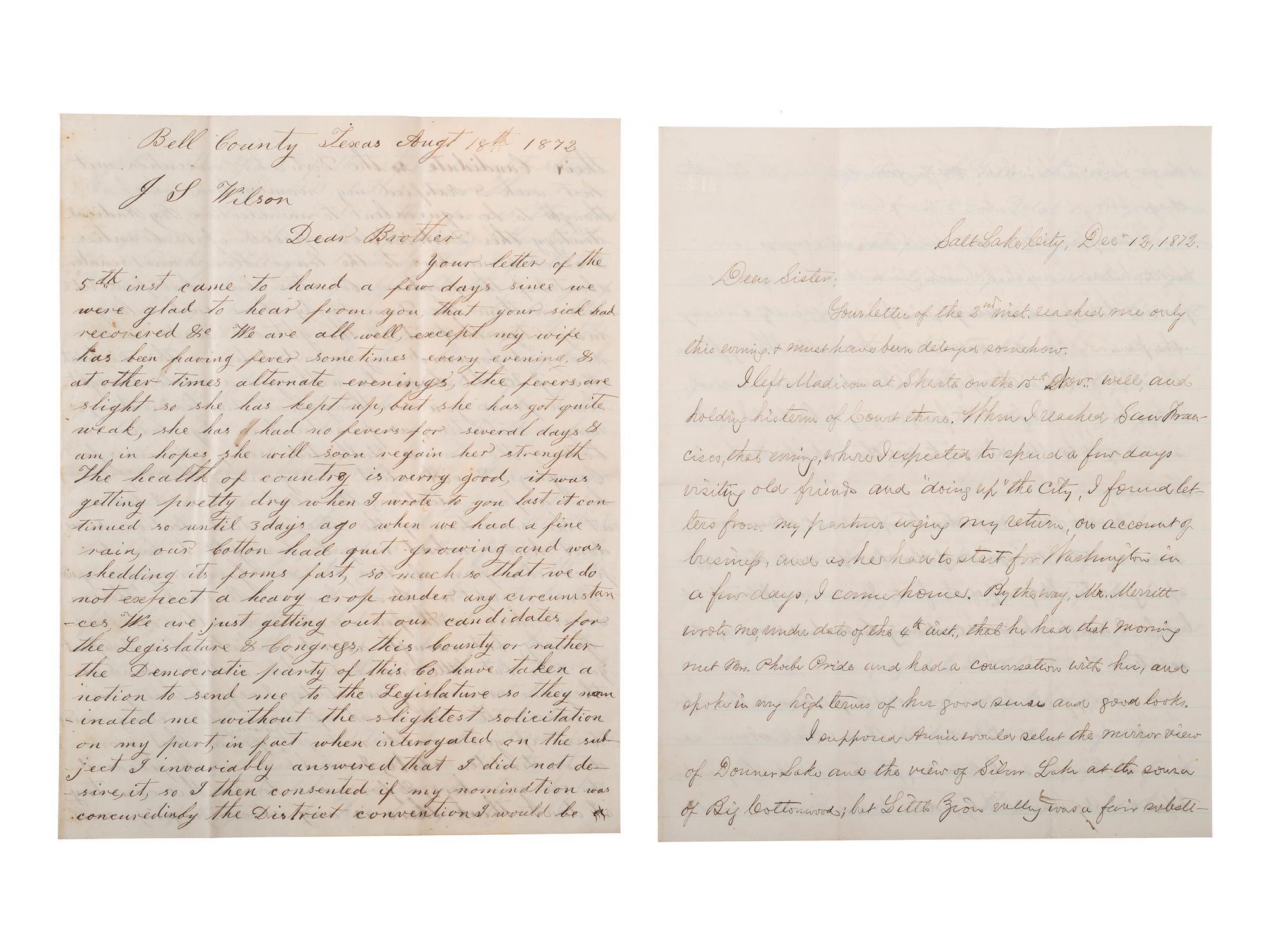 [WESTERN AMERICANA]. The Rosborough family archive, including letters relating to the California Gold Rush, the Modoc War, the Klondike Gold Rush, and early settlement and mining operations in Idaho Territory, Utah Territory, Nevada, and Texas.