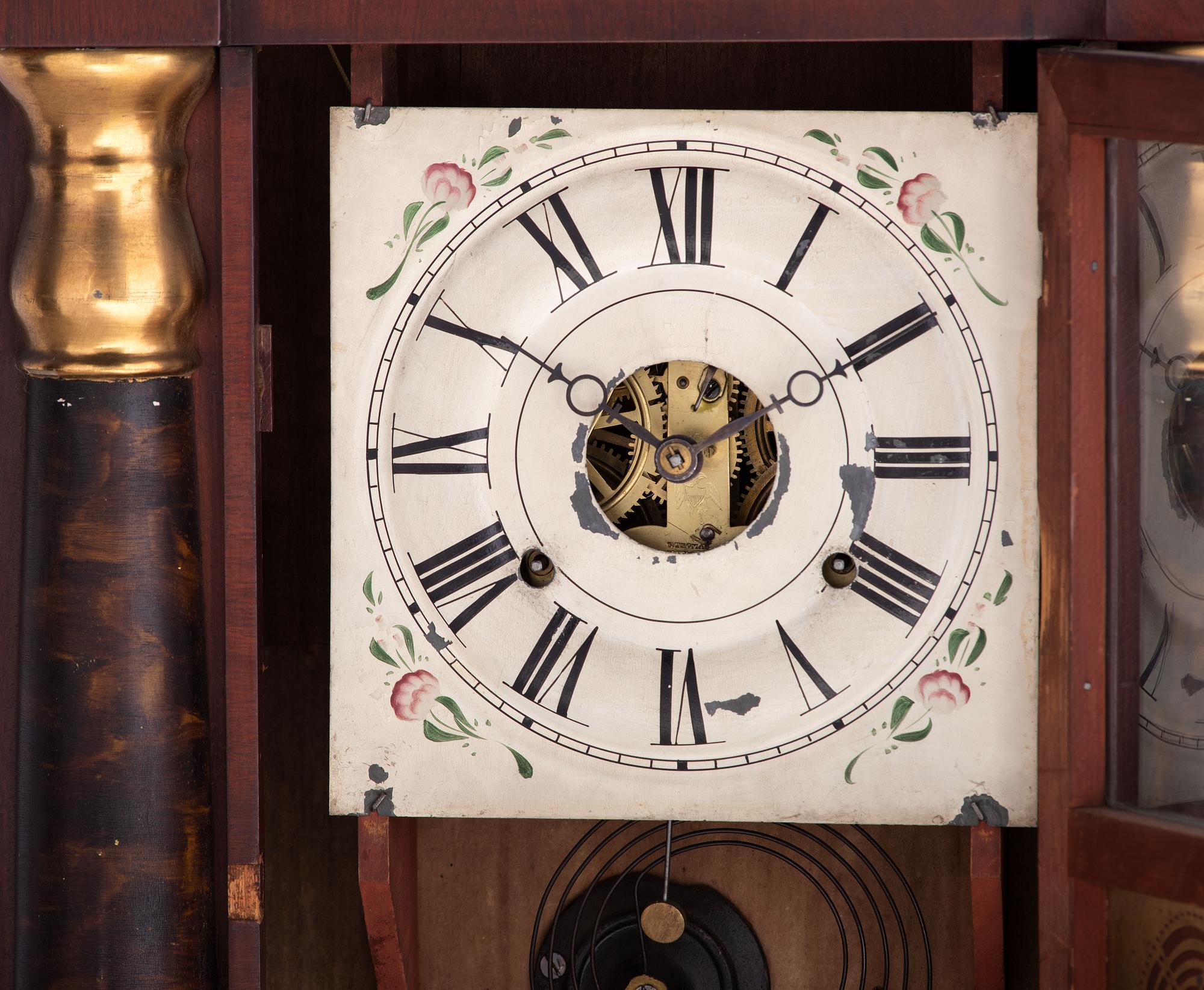 An American Classical Mahogany Eglomise Mantel Clock