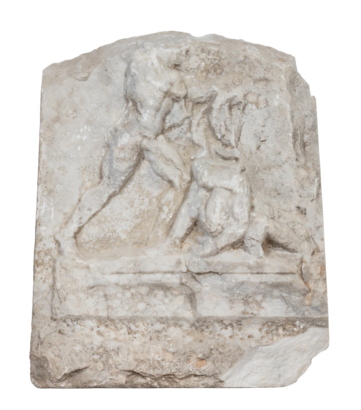 A Roman Marble Relief Depicting Heracles Slaying Hippolyta Height 23 x width 20 x depth 4 1/2 inches. — CIRCA 1ST-2ND CENTURY C.E.