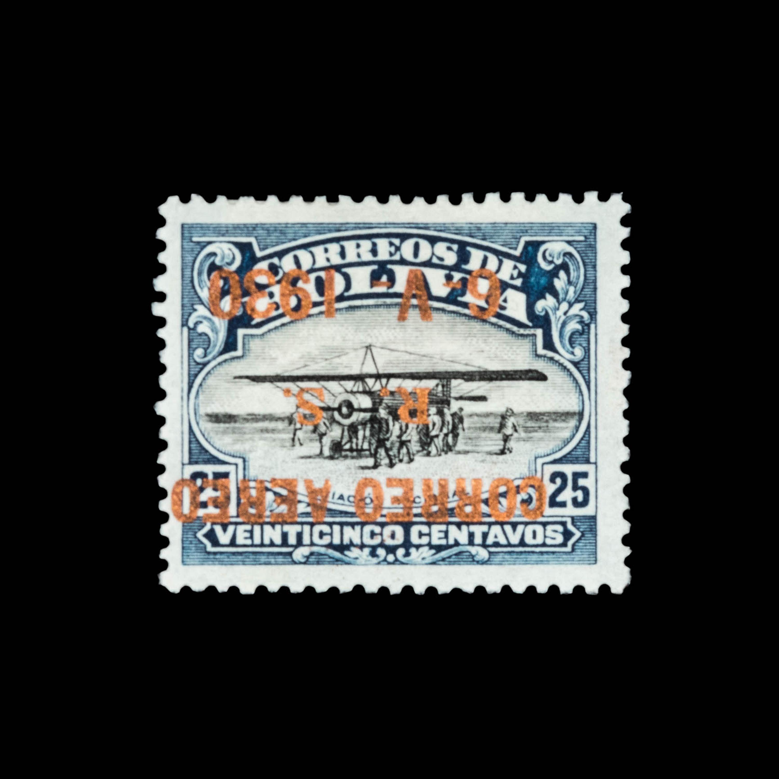 [SURCHARGE ERROR] BOLIVIA. Airmail. 1930. 25c. Dark Blue & Black with Bronze Surcharge, (#C22a), Inverted Surcharge
