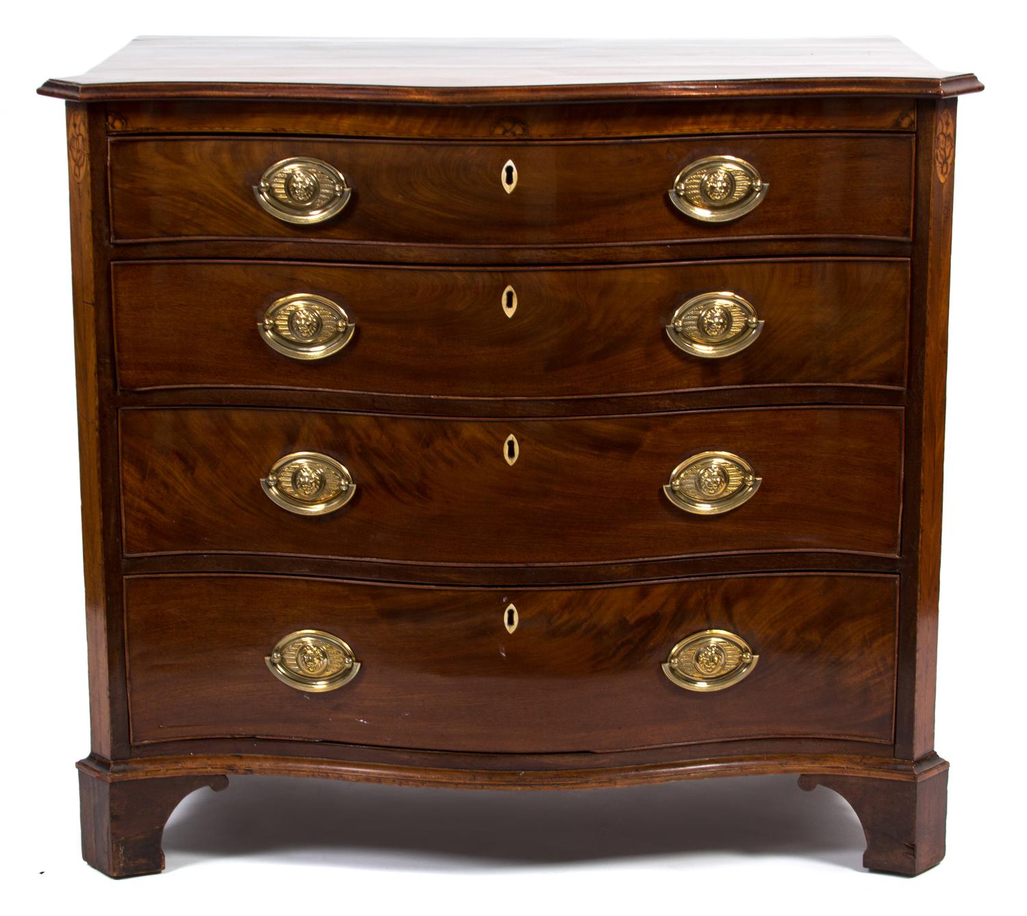 A George II Inlaid Mahogany Serpentine Chest of Drawers Height 33 3/4 x width 37 1/2 x depth 19 3/4 inches. — 19TH CENTURY