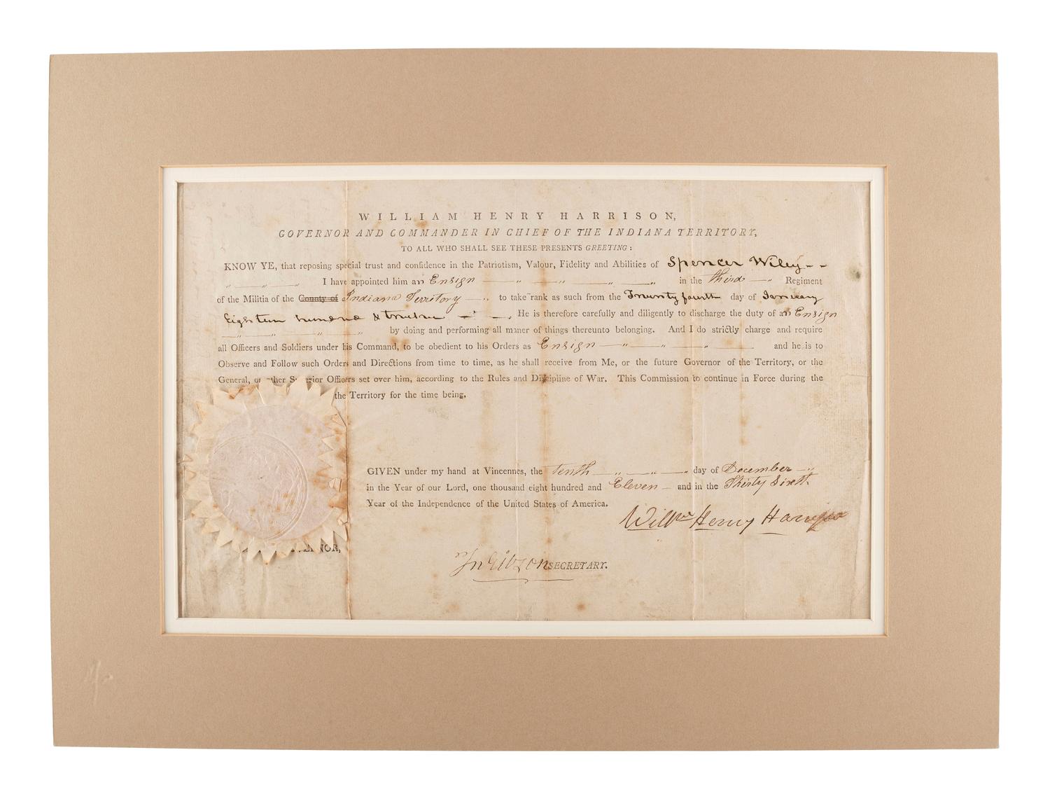 HARRISON, William Henry (1773-1841). Two Indiana Territory military documents including a partly printed document signed ("Willm. Henry Harrison"), as Governor and Commander in Chief of the Indiana Territory, Vincennes, 10 December 1811.