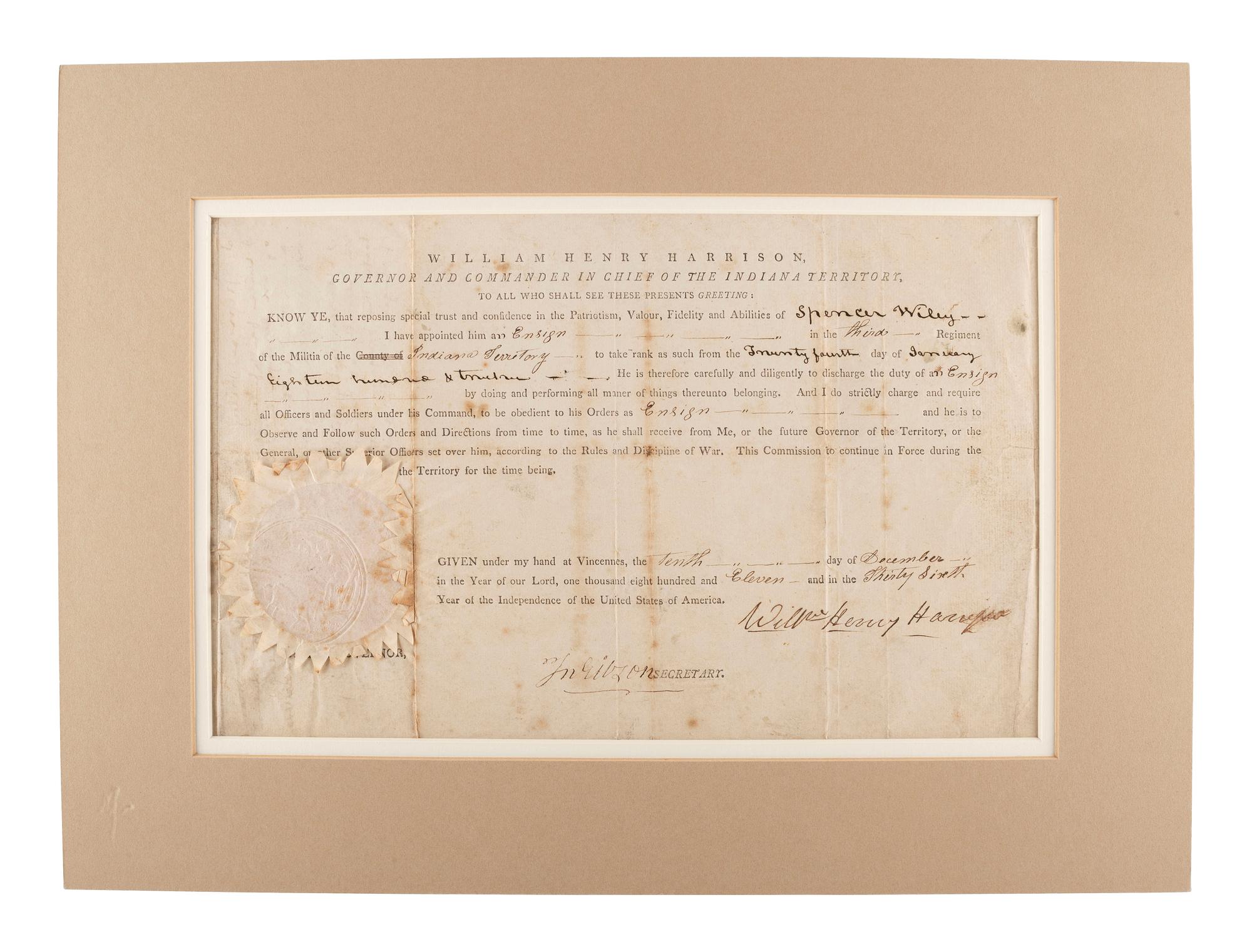 HARRISON, William Henry (1773-1841). Two Indiana Territory military documents including a partly printed document signed ("Willm. Henry Harrison"), as Governor and Commander in Chief of the Indiana Territory, Vincennes, 10 December 1811.