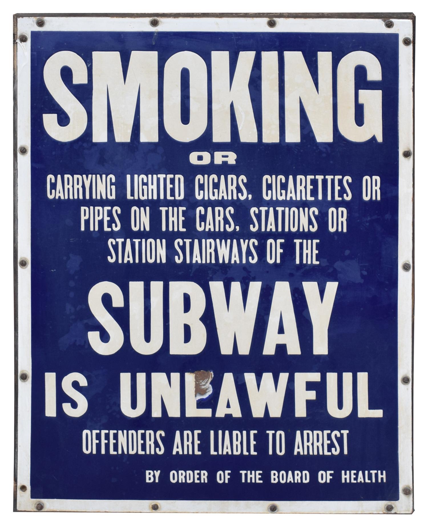 A New York City Subway Porcelain No Smoking Sign 21.5" W x .75" D x 28" H — United States, Early 20th Century