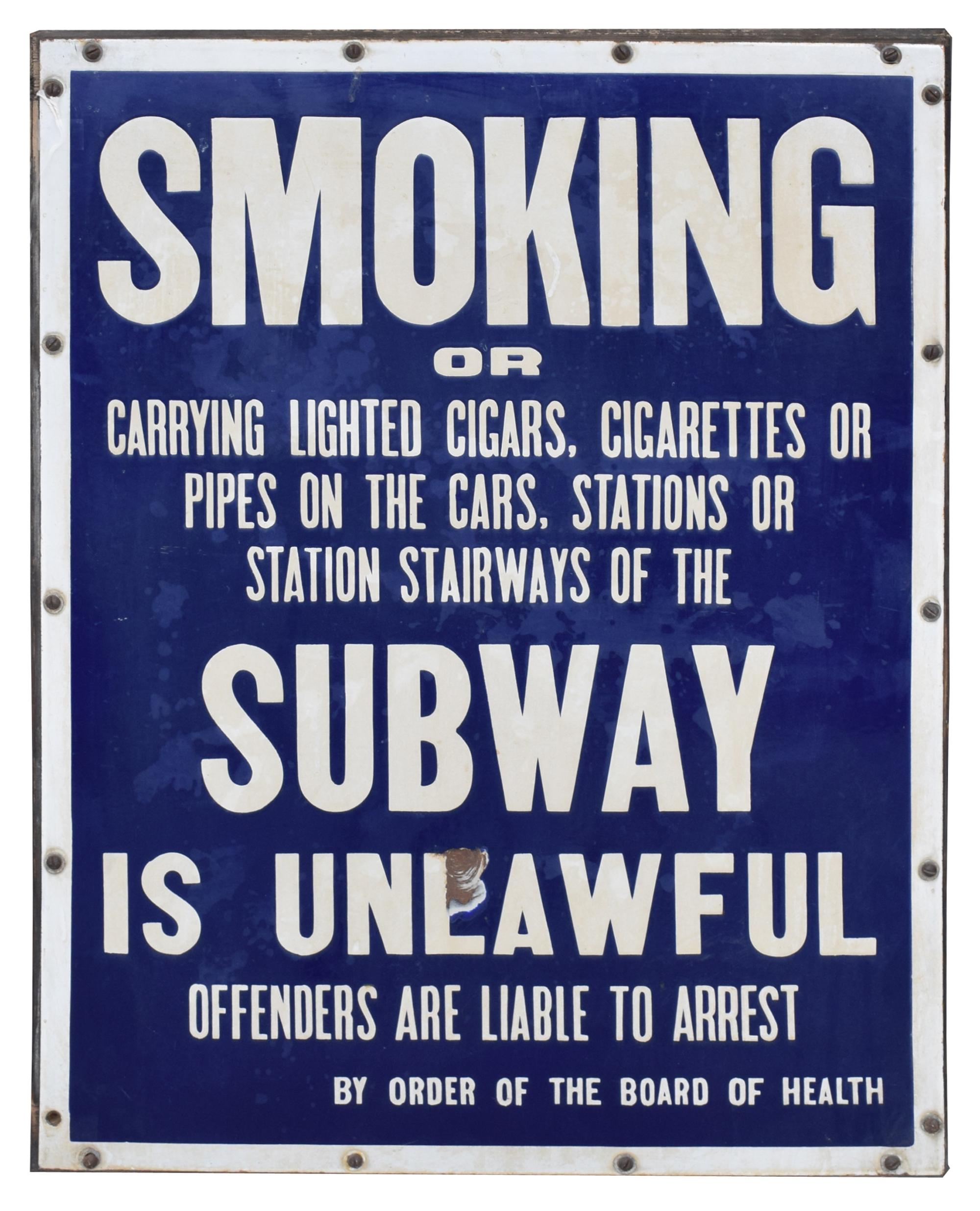 A New York City Subway Porcelain No Smoking Sign 21.5" W x .75" D x 28" H — United States, Early 20th Century