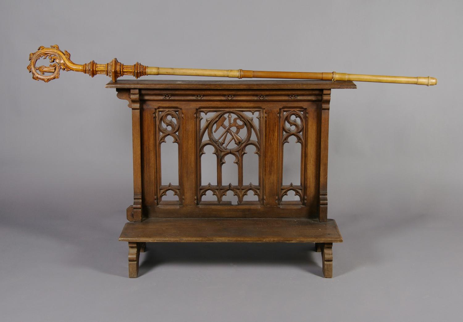 A Gothic Style Oak Prie-Dieu, Height 32 x width 43 1/2 x depth 17 1/2 inches.