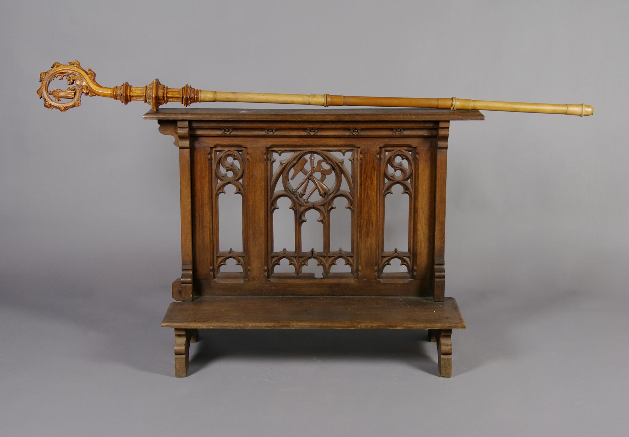 A Gothic Style Oak Prie-Dieu, Height 32 x width 43 1/2 x depth 17 1/2 inches.