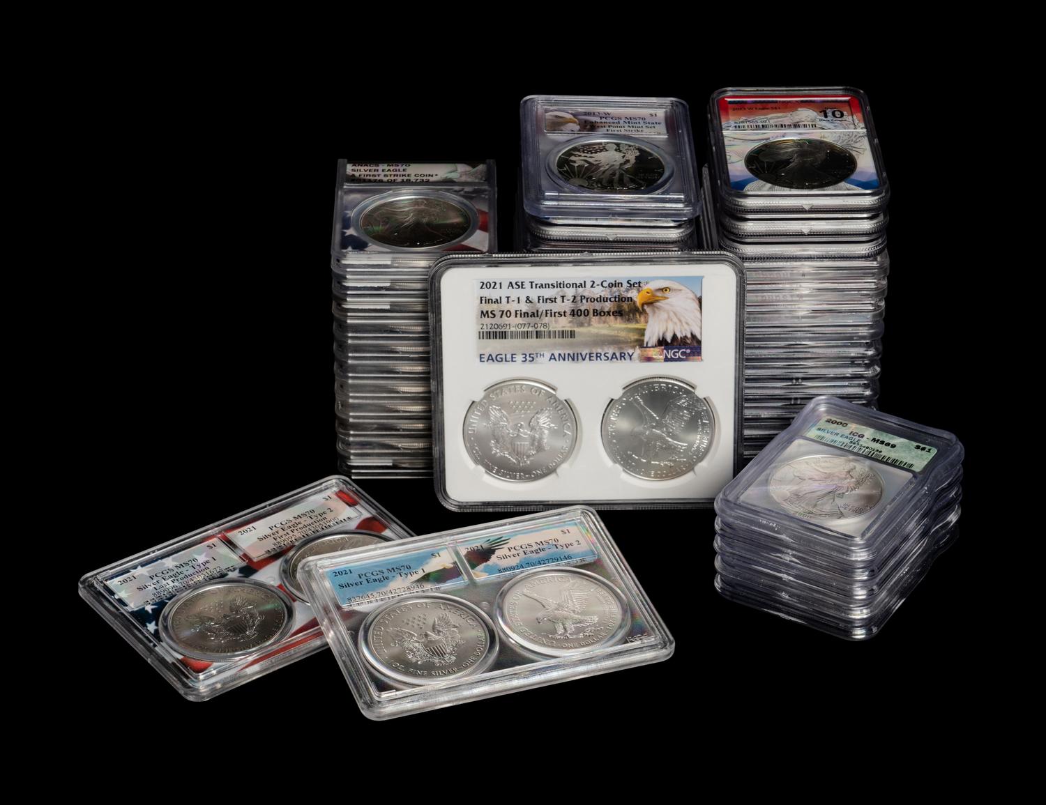 A Collection of Forty-Eight Graded Silver Eagle Mint and Proof Coins