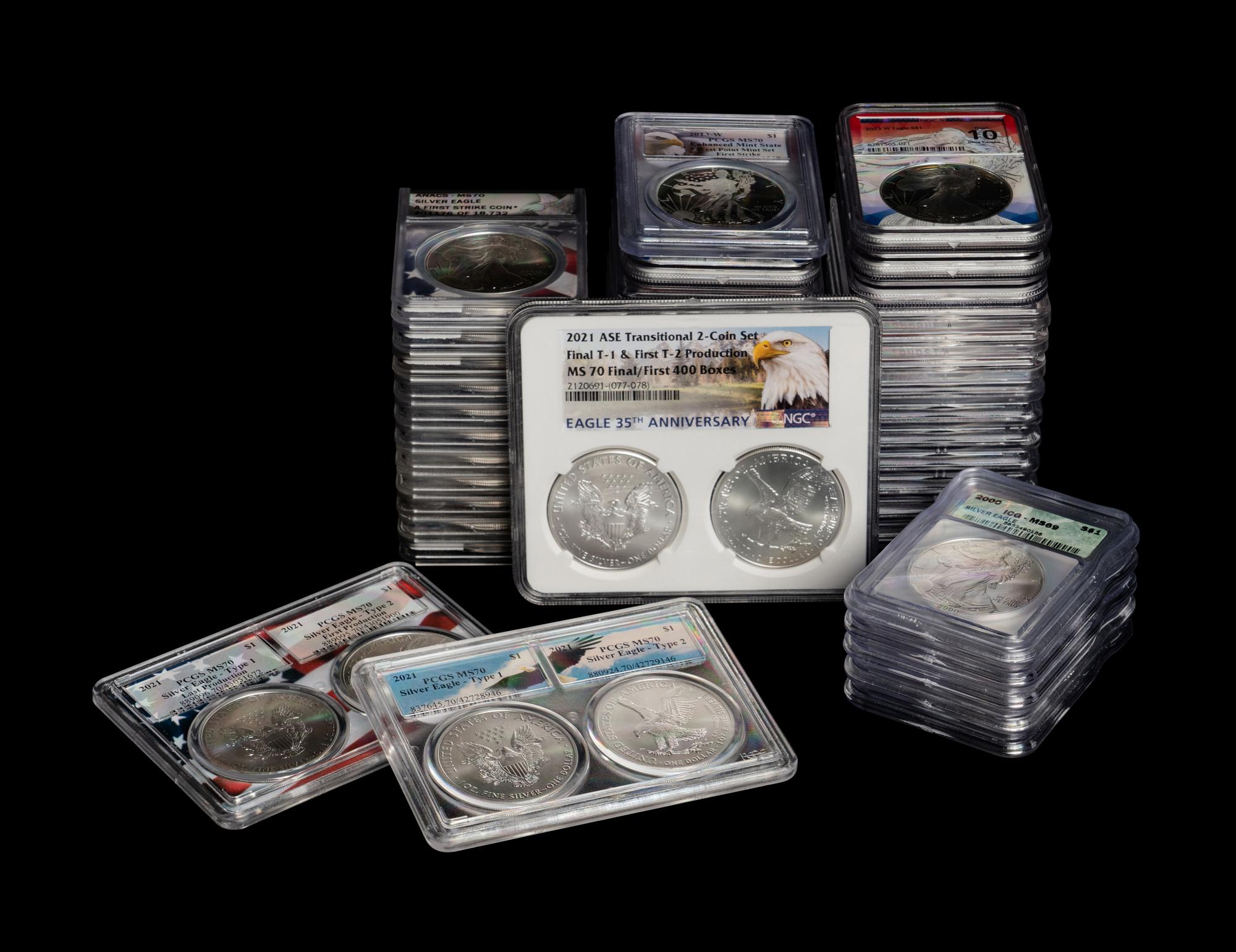A Collection of Forty-Eight Graded Silver Eagle Mint and Proof Coins