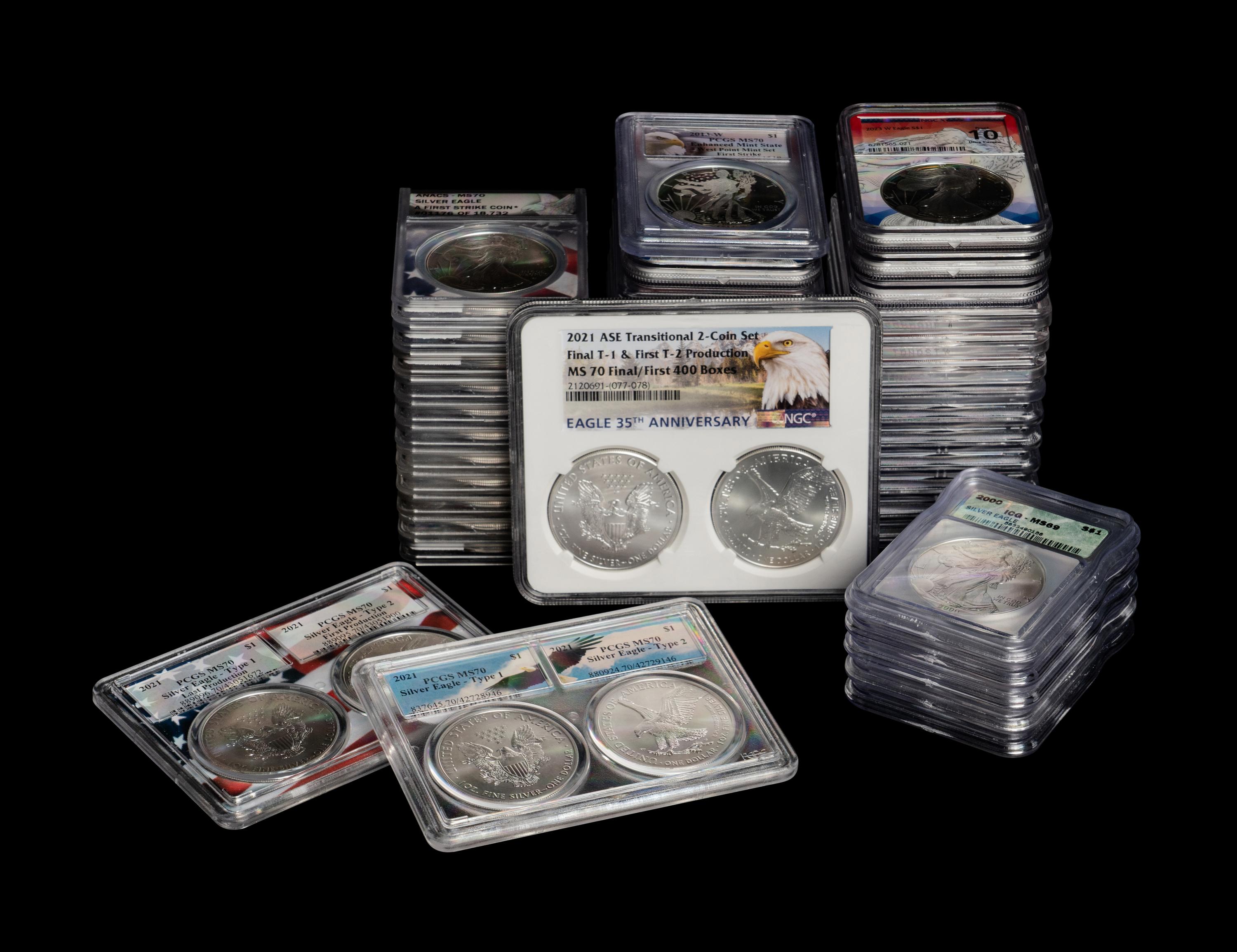 A Collection of Forty-Eight Graded Silver Eagle Mint and Proof Coins