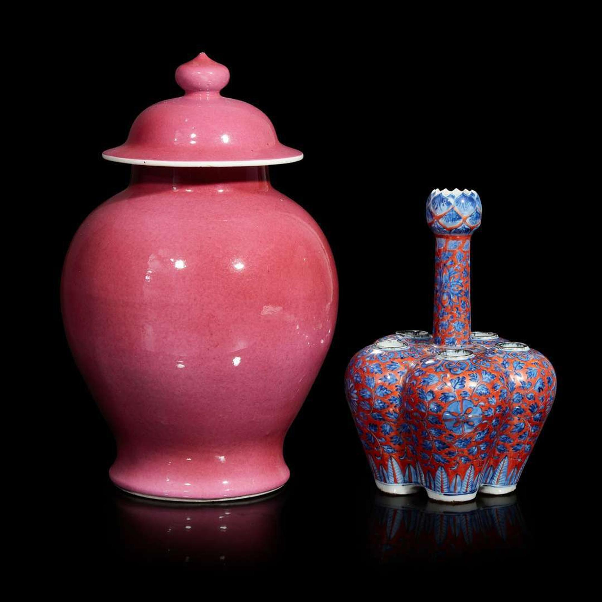 A Chinese ruby-ground jar and cover and an iron red and underglaze blue "tulip" vase