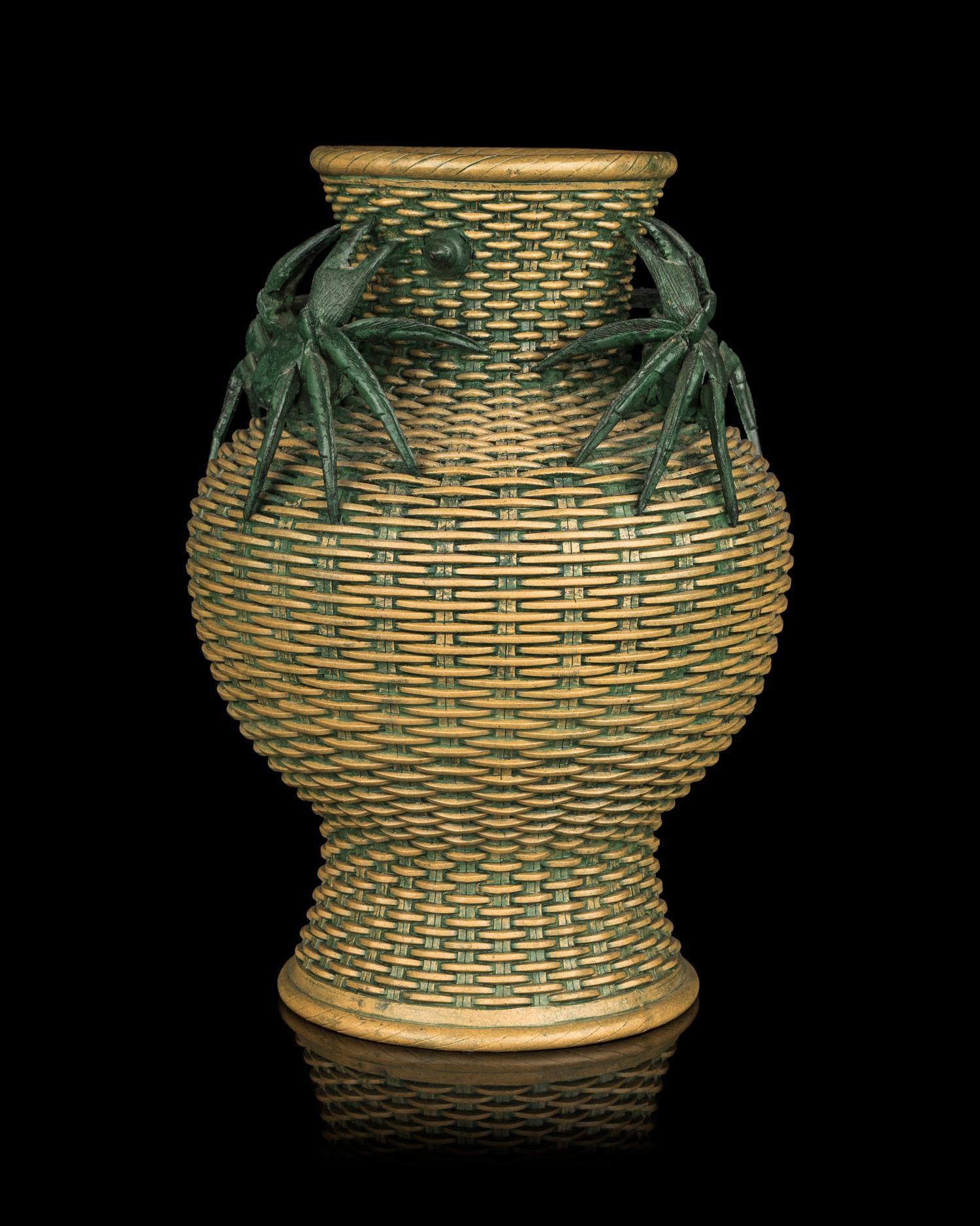 A Chinese Green Enameled Yixing Zisha Pottery Basket-Form Vase