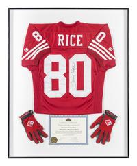 A Jerry Rice Signed Autograph San Francisco 49ers Jersey Presentation With Game Used Gloves (Topps Certificate of Authenticity),