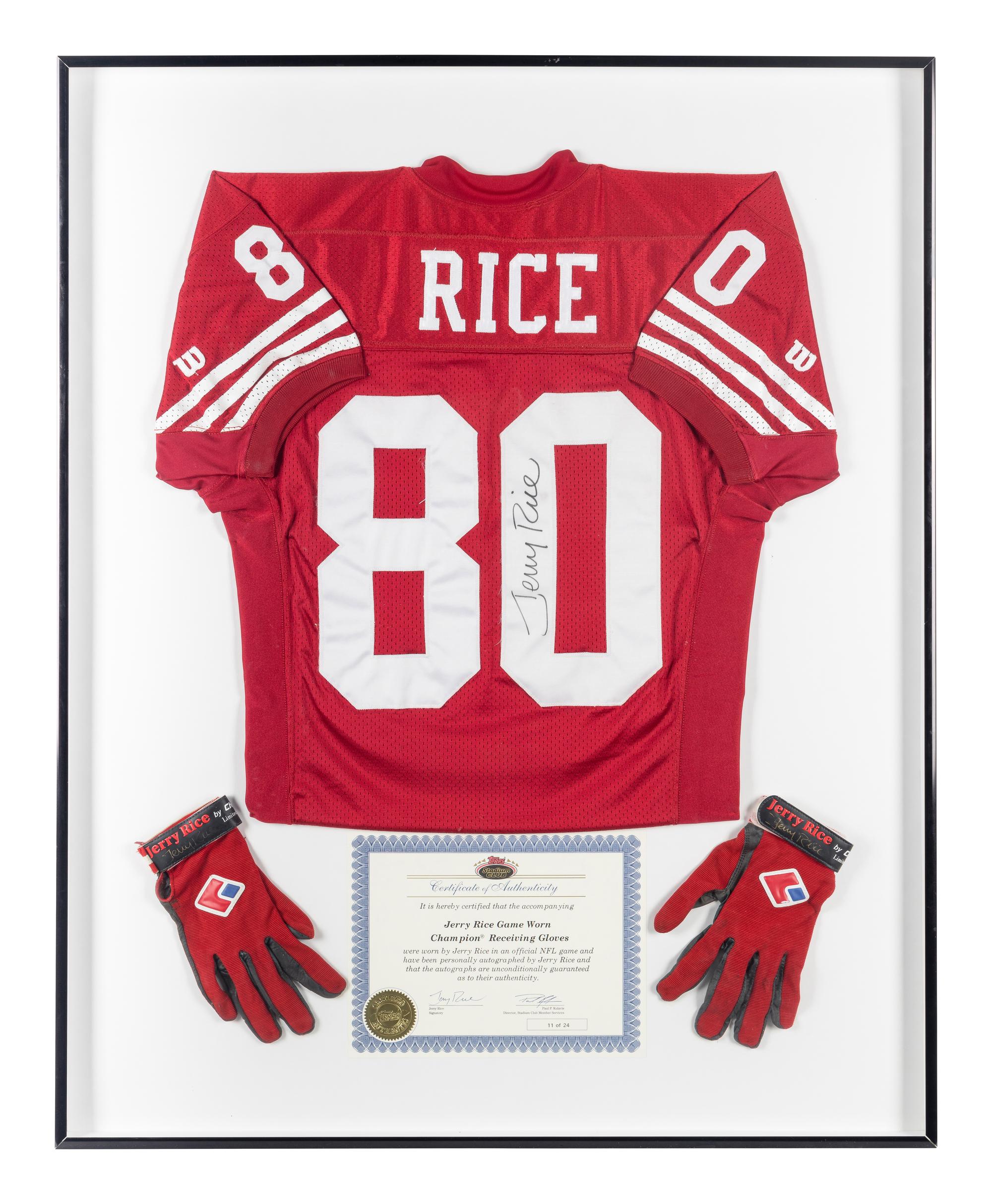 A Jerry Rice Signed Autograph San Francisco 49ers Jersey Presentation With Game Used Gloves (Topps Certificate of Authenticity),