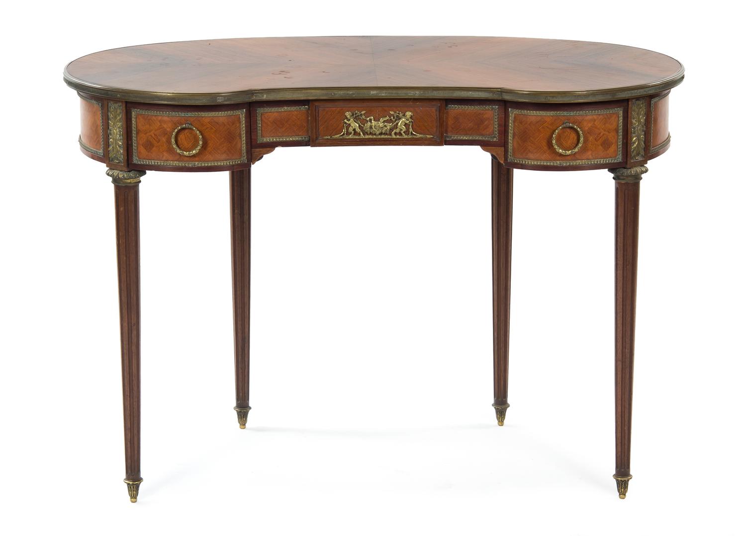 A Louis XVI Style Gilt Bronze Mounted Rosewood Writing Table Height 29 3/4 x width 44 x depth 23 inches.