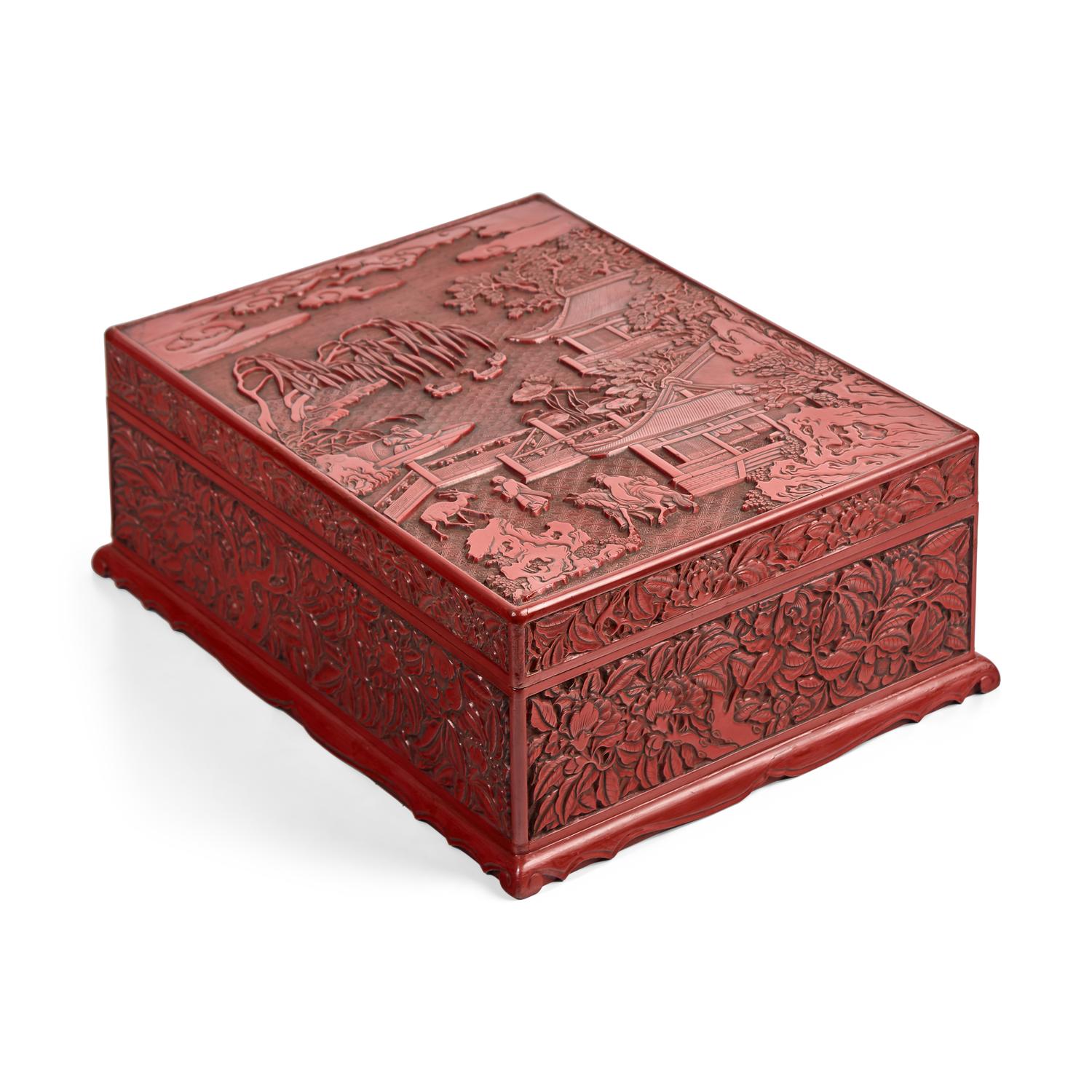 A Large Chinese Carved Cinnabar Lacquer Rectangular Box and Cover, 19th Century 清中期 剔紅攜琴訪友圖大方盒