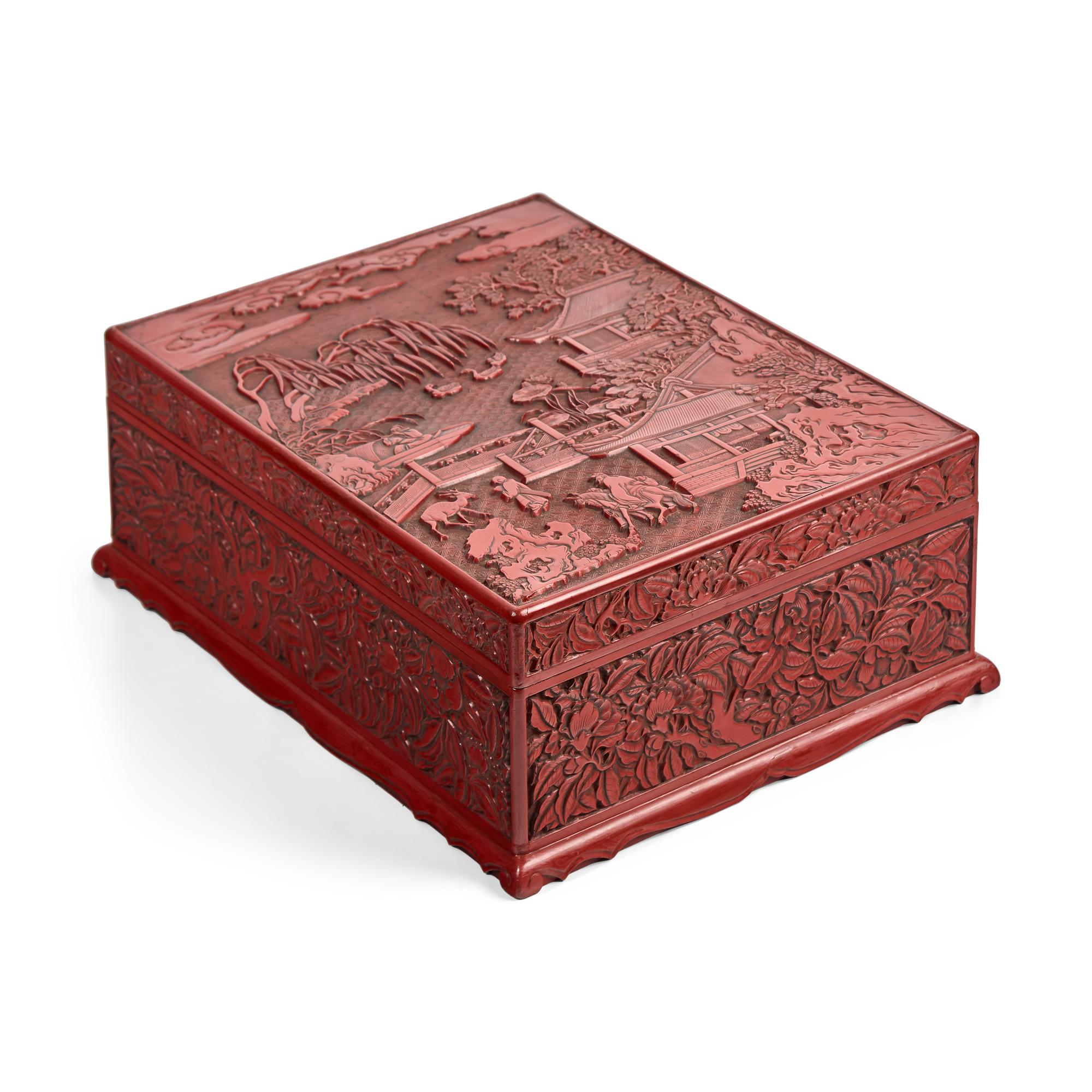 A Large Chinese Carved Cinnabar Lacquer Rectangular Box and Cover, 19th Century 清中期 剔紅攜琴訪友圖大方盒