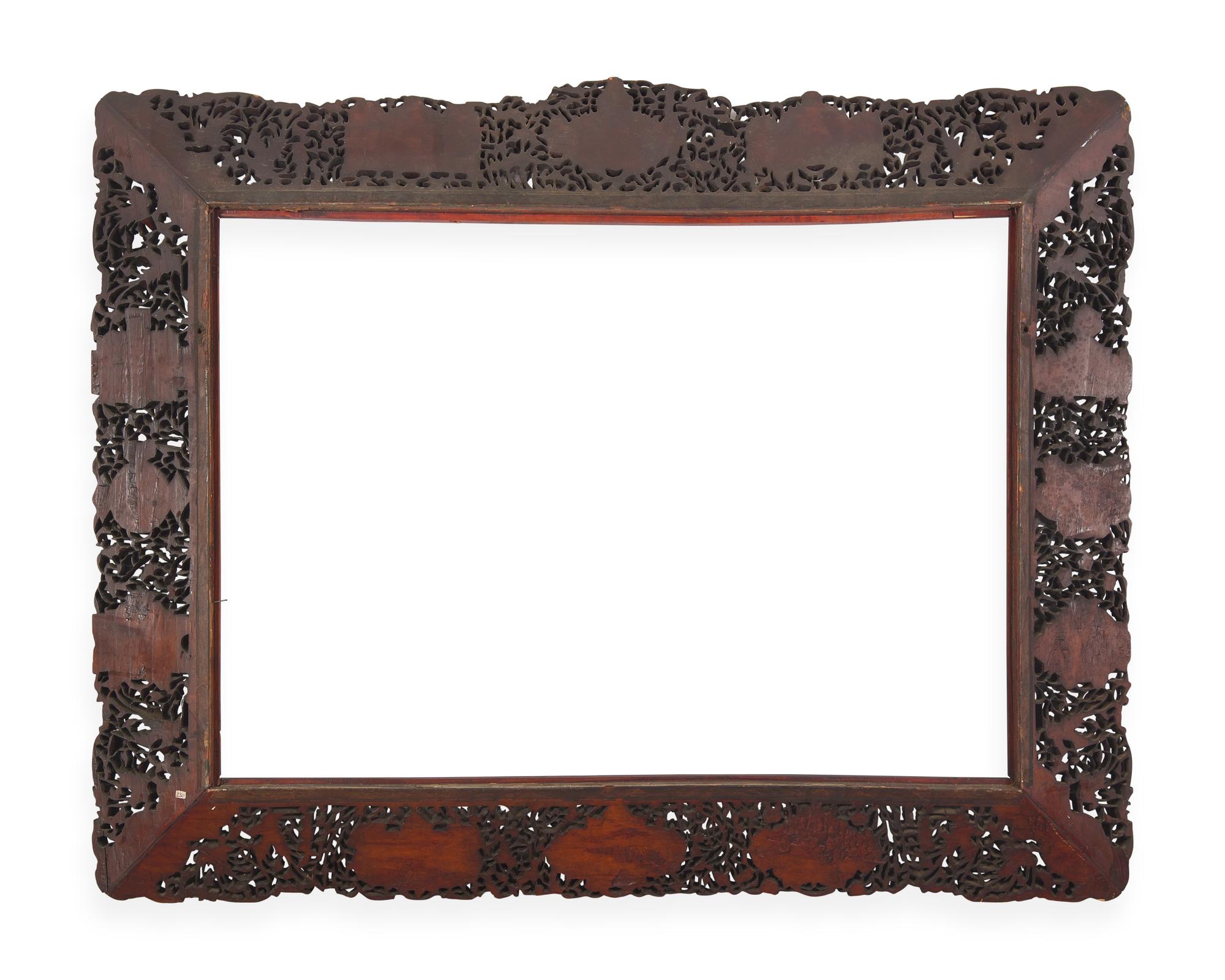 A large and impressive Chinese export carved and pierced stained wood frame, 19th century