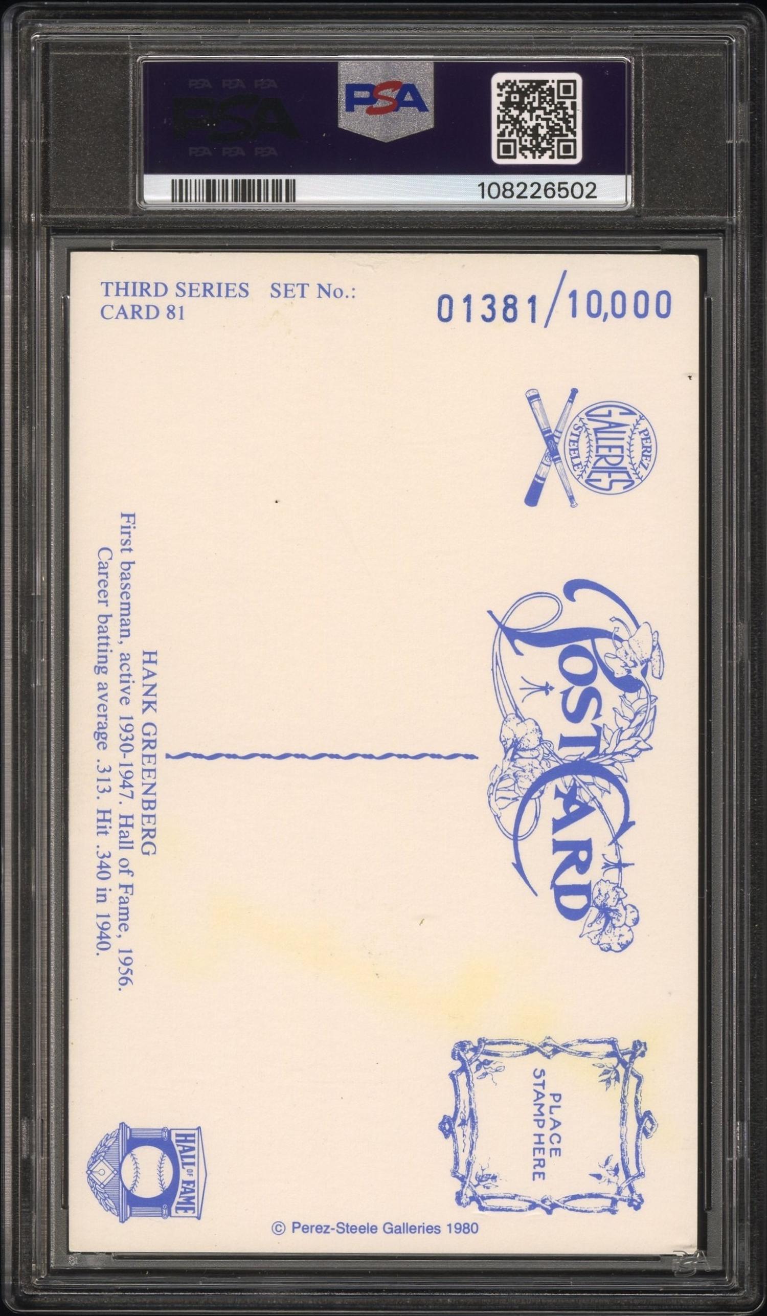 A Hank Greenberg Signed Autograph Perez Steele Hall of Fame Postcard (PSA 8 AUTO)