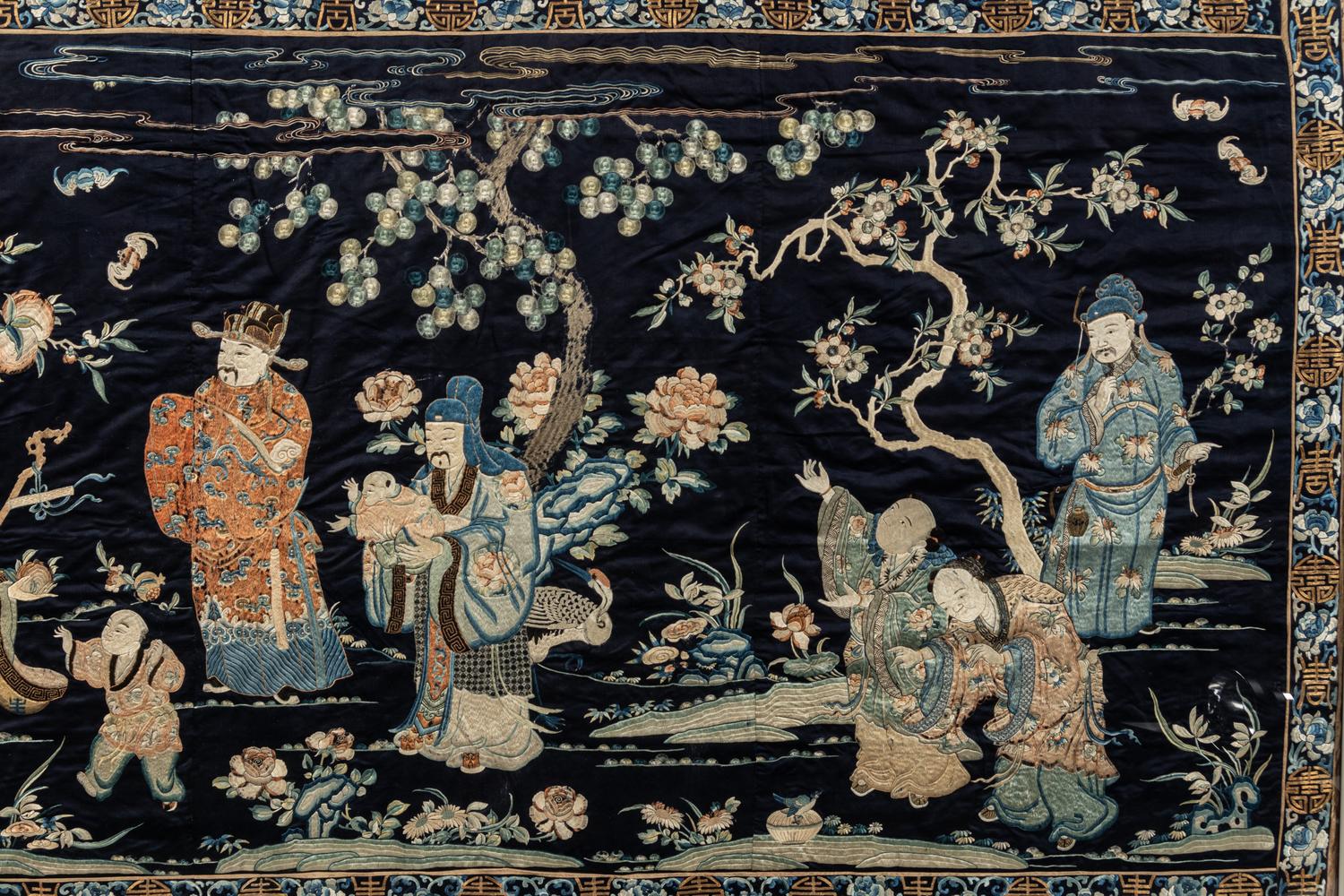 A Large Midnight Blue Satin Ground Embroidered Silk Panel