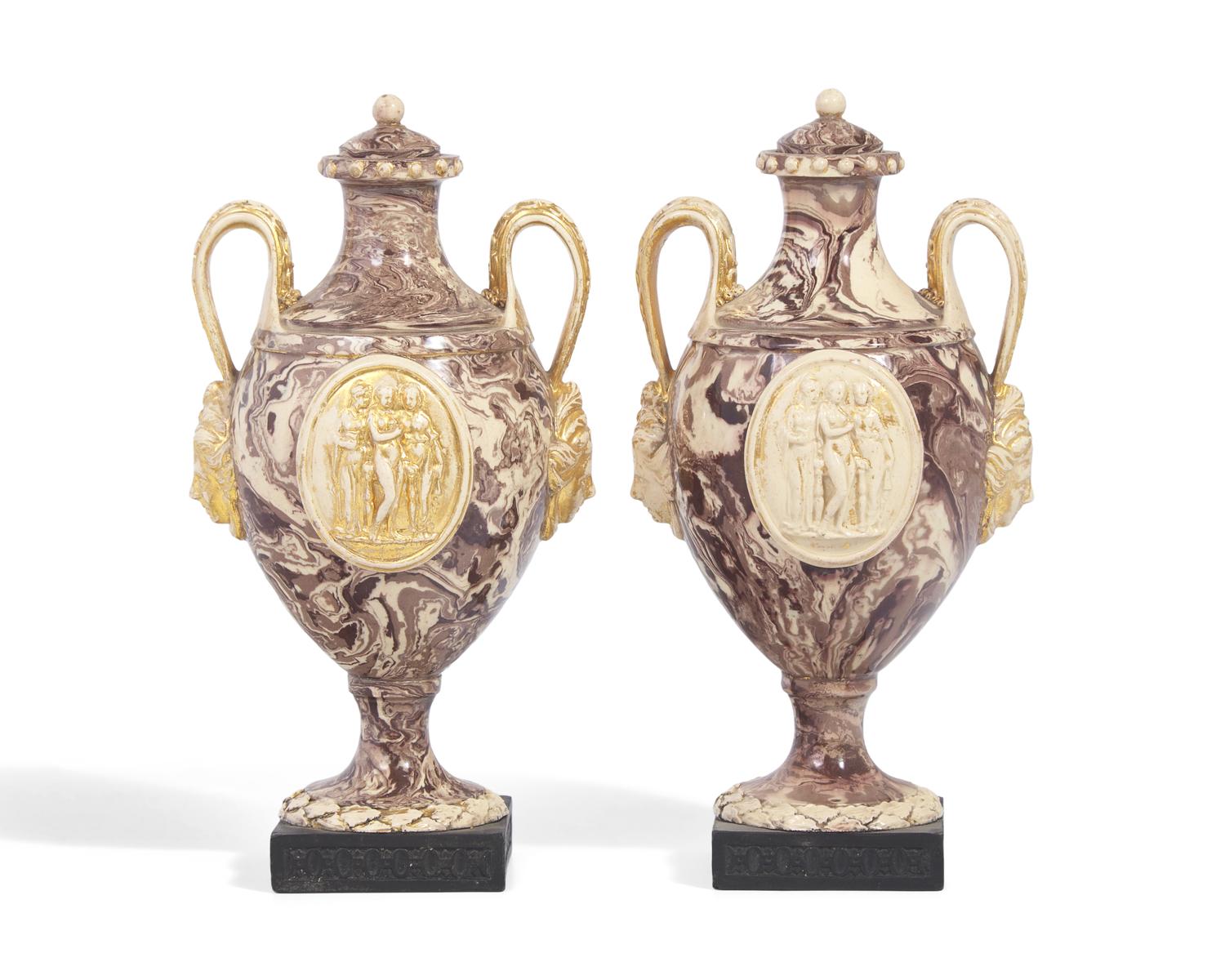 A Pair of Wedgwood and Bentley Agateware Covered Urns with Applied Intaglios