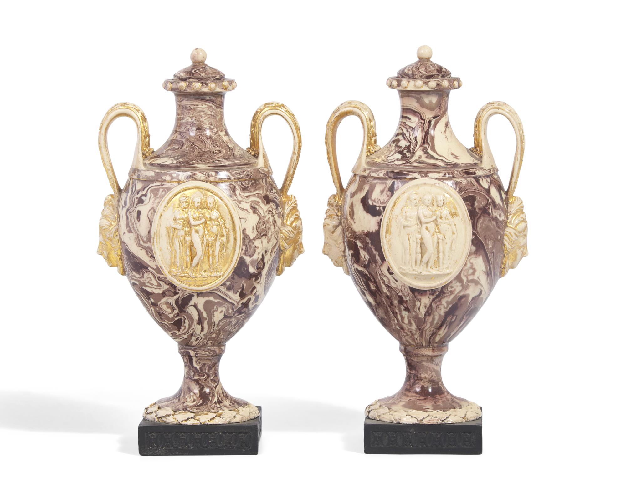 A Pair of Wedgwood and Bentley Agateware Covered Urns with Applied Intaglios