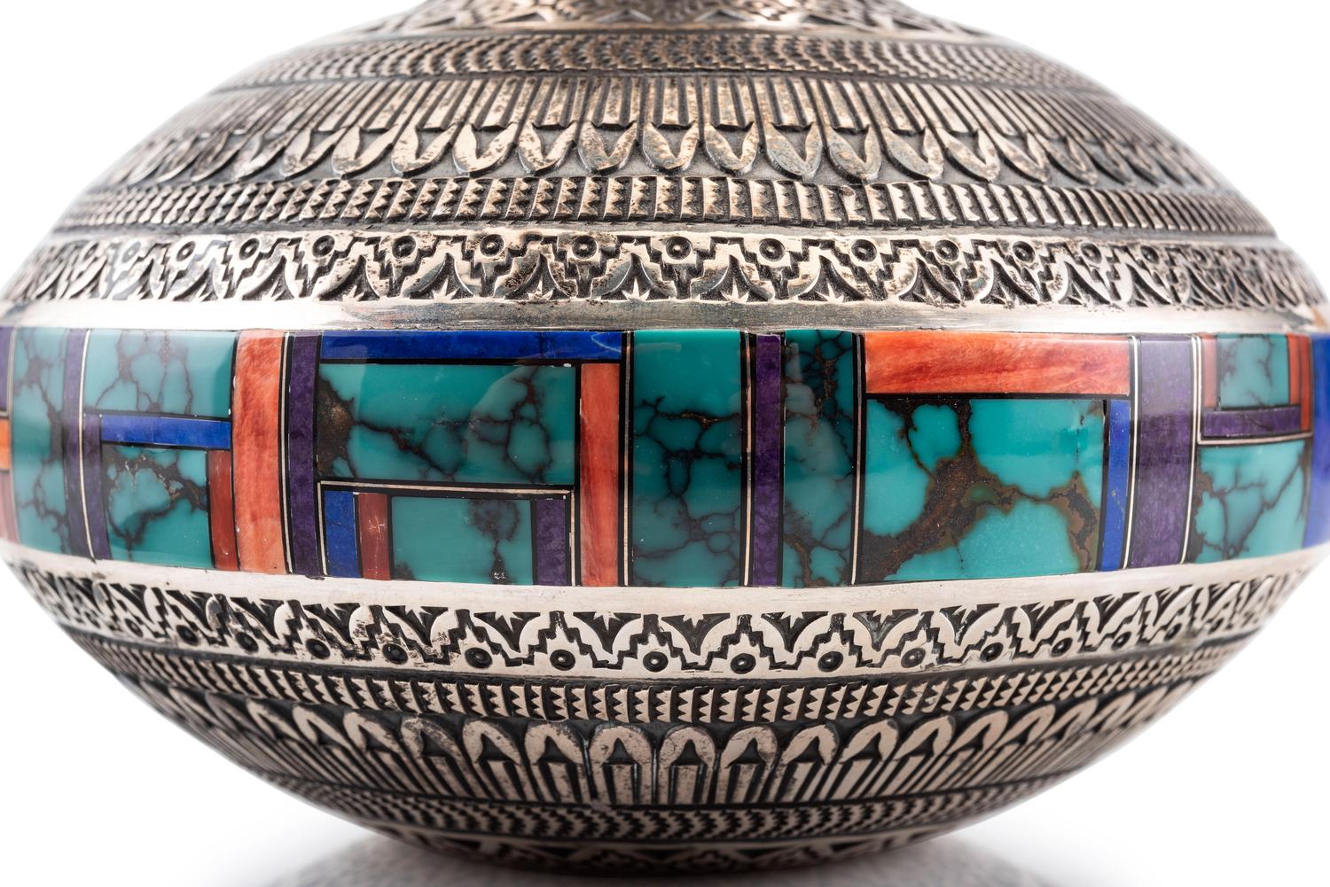 Sterling Silver Lidded Jar, with Mosaic Inlay