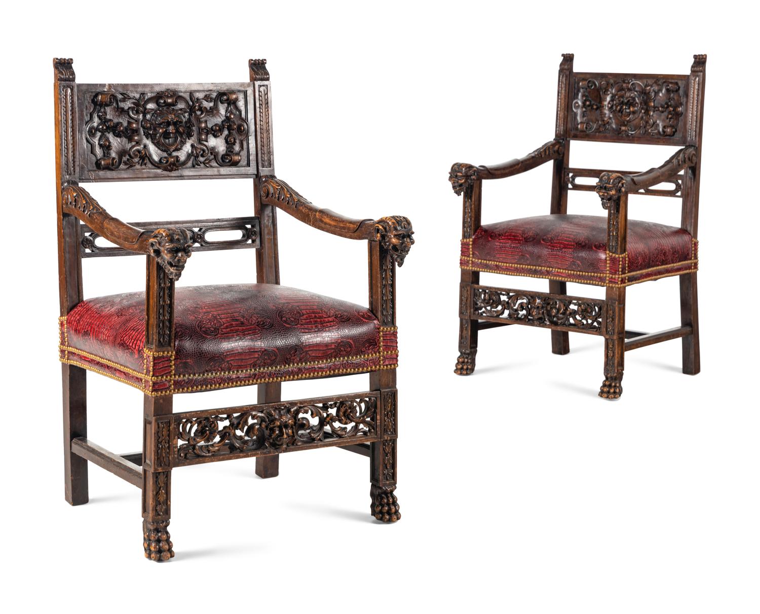 A Pair of Italian Renaissance Revival Carved Walnut Armchairs