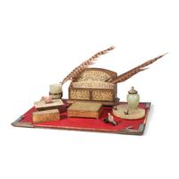 An Assembled Jade, Glass and Brass Desk Set