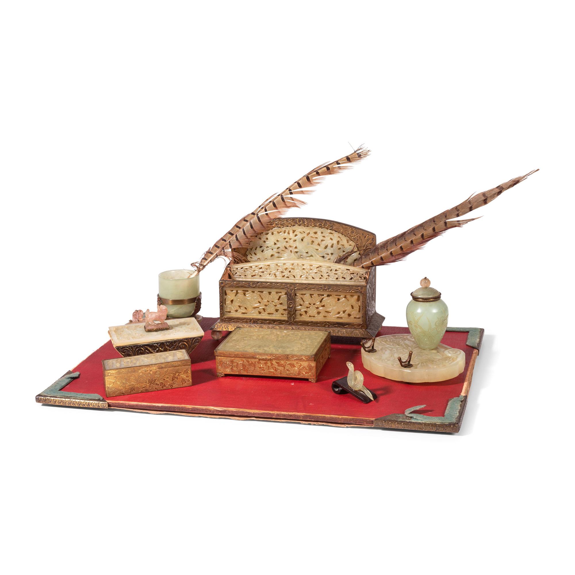 An Assembled Jade, Glass and Brass Desk Set