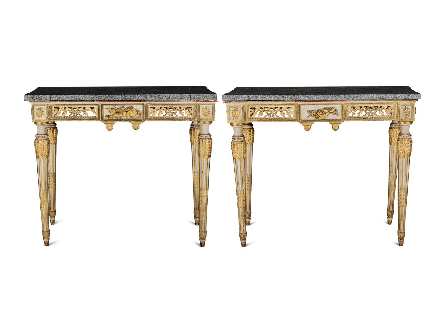A Pair of North European Neoclassical Gilt and Cream-Painted Console Tables