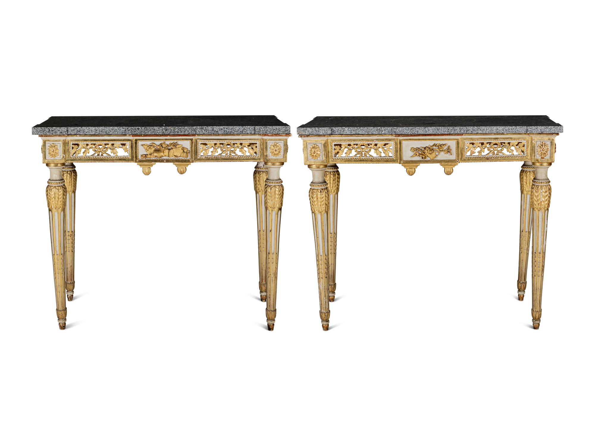 A Pair of North European Neoclassical Gilt and Cream-Painted Console Tables