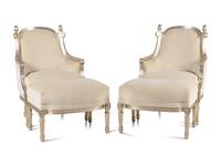 A Pair of Nancy Corzine Silvered Acorn Lounge Chairs and Ottomans