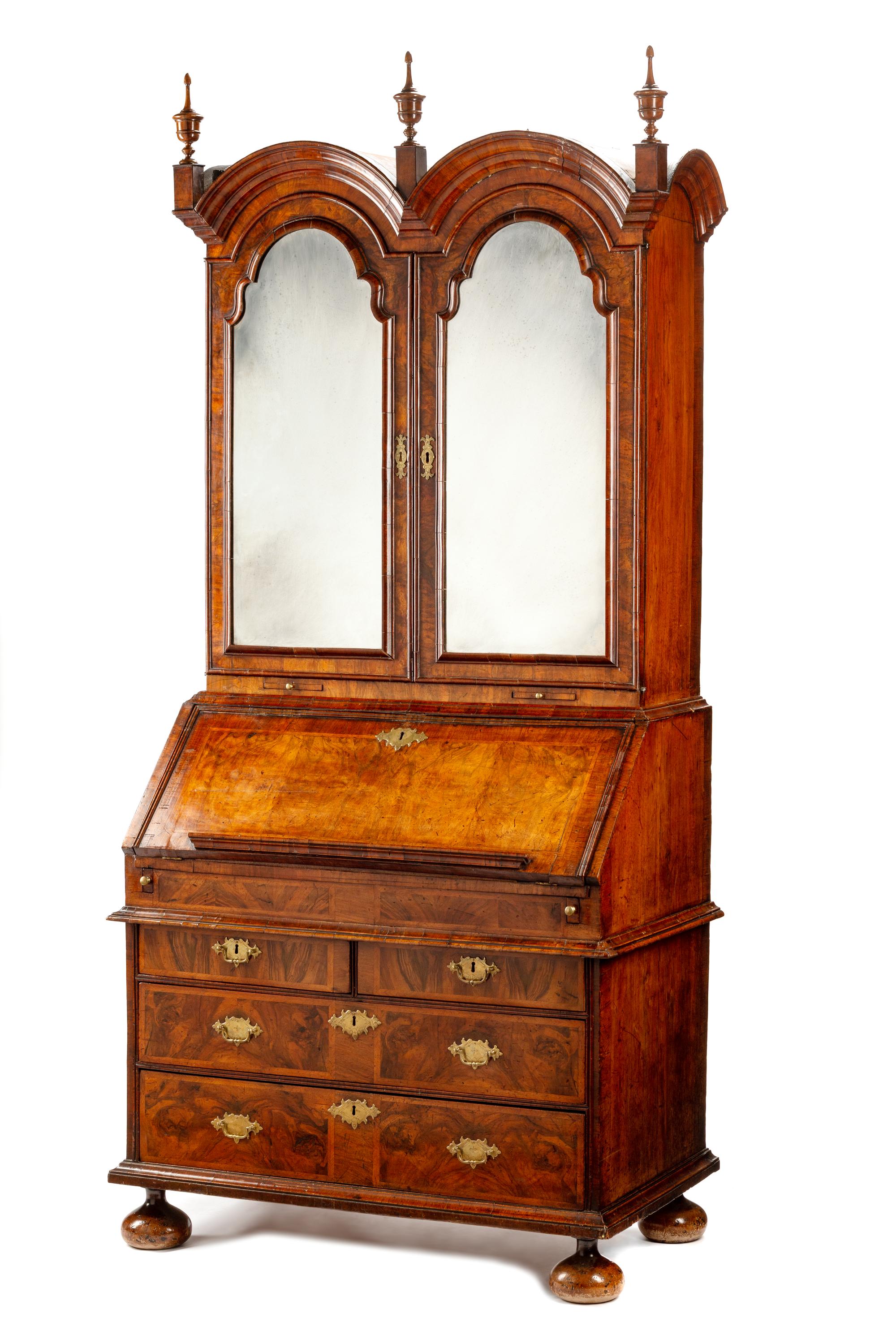 A George II Burl Walnut Slant-Front Secretary Bookcase