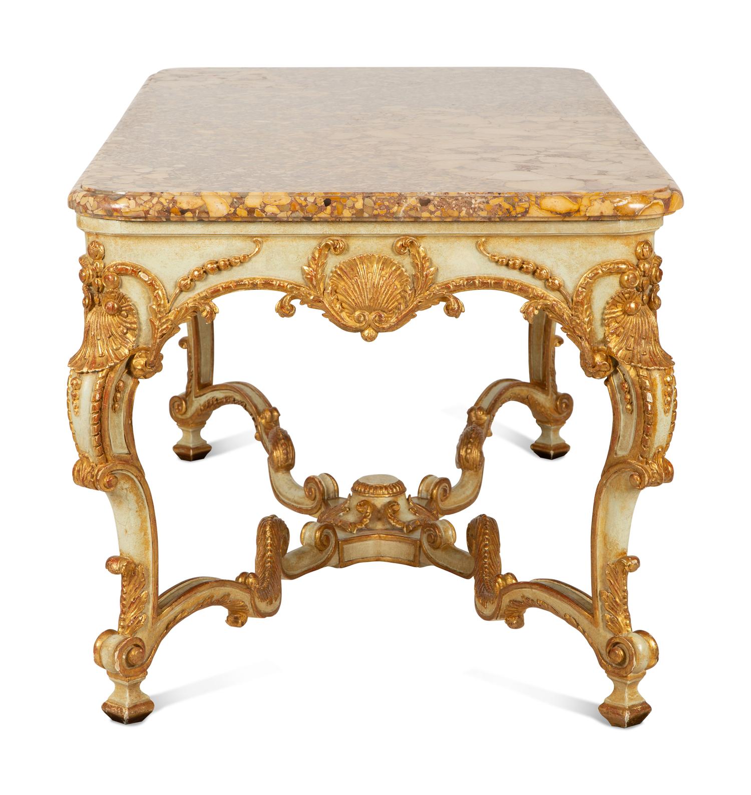 A Régence Style Painted and Parcel Gilt Marble-Top Center Table