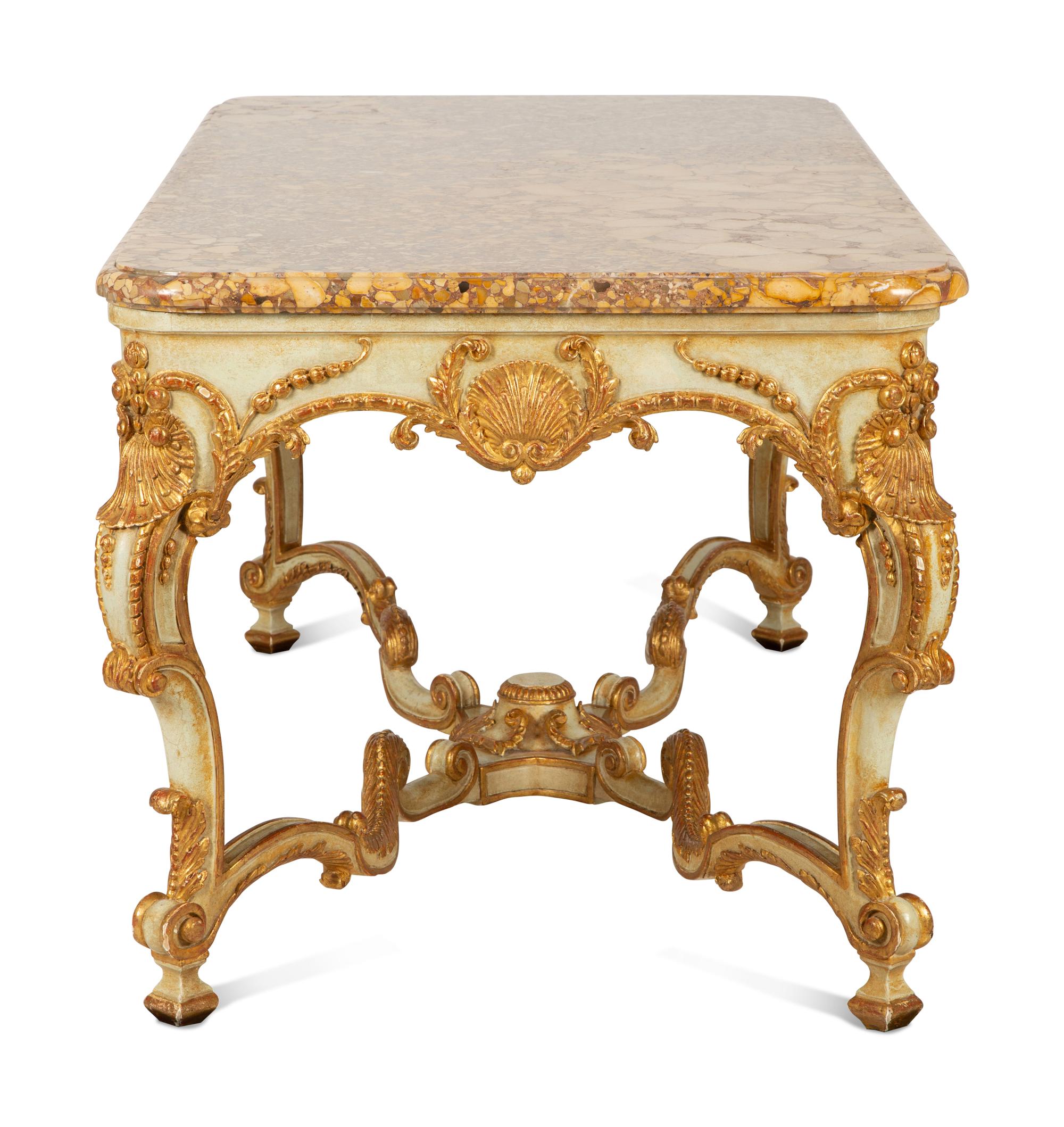 A Régence Style Painted and Parcel Gilt Marble-Top Center Table
