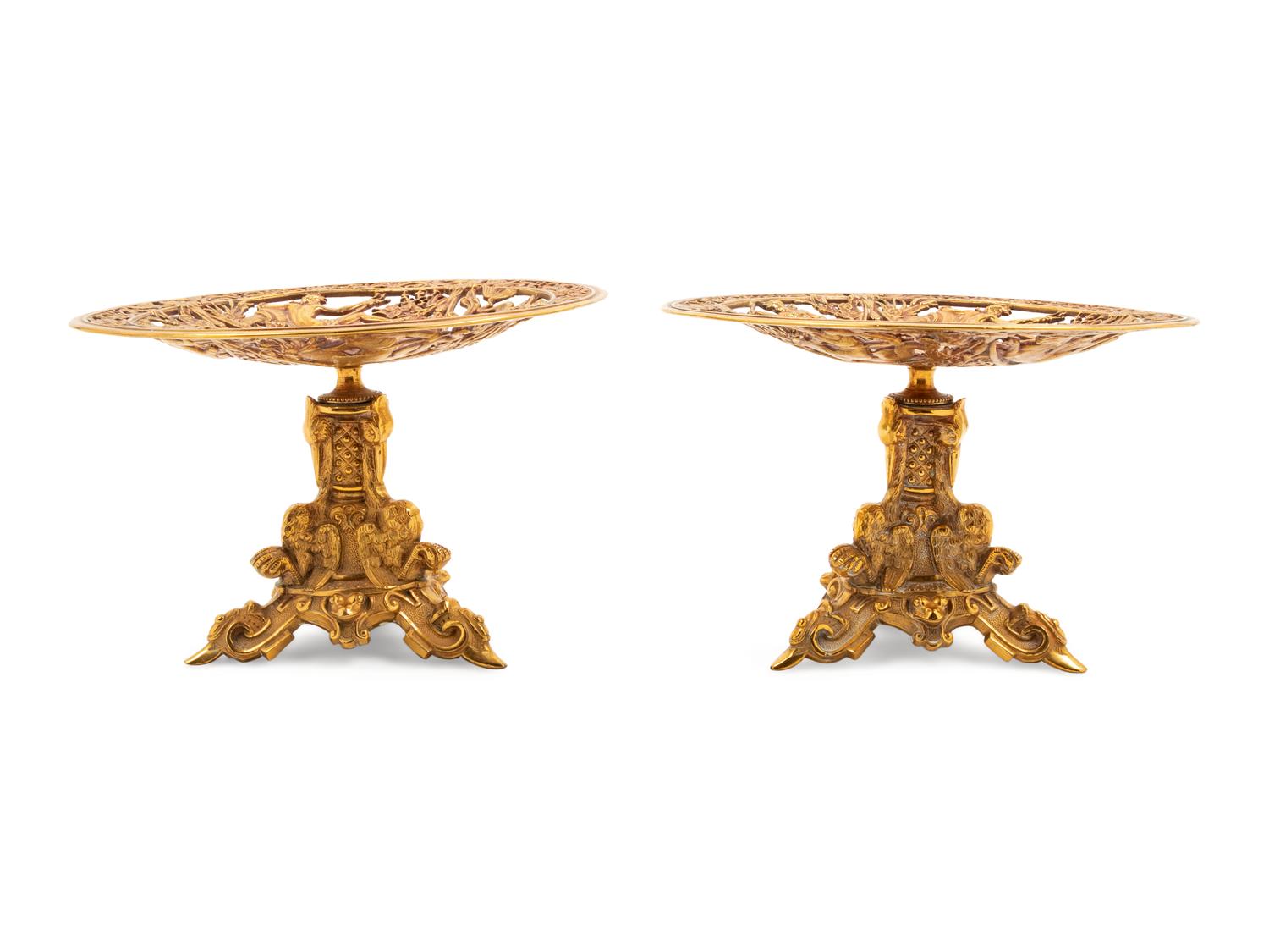 A Pair of Continental Gilt Metal Tazze together with a Dust Pan and Brush