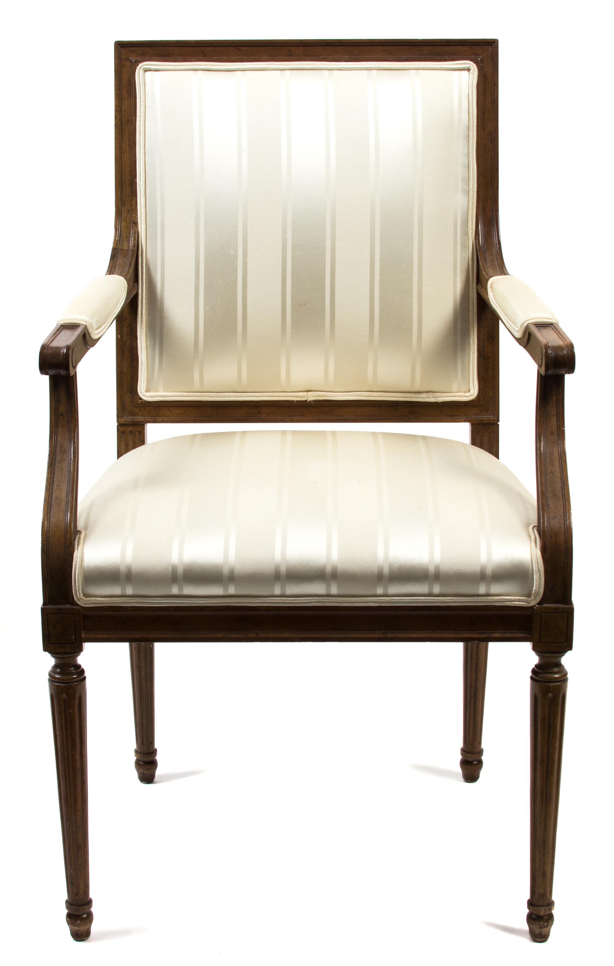 A Louis XVI Style Walnut Framed Fauteuil Height 38 1/2 inches.