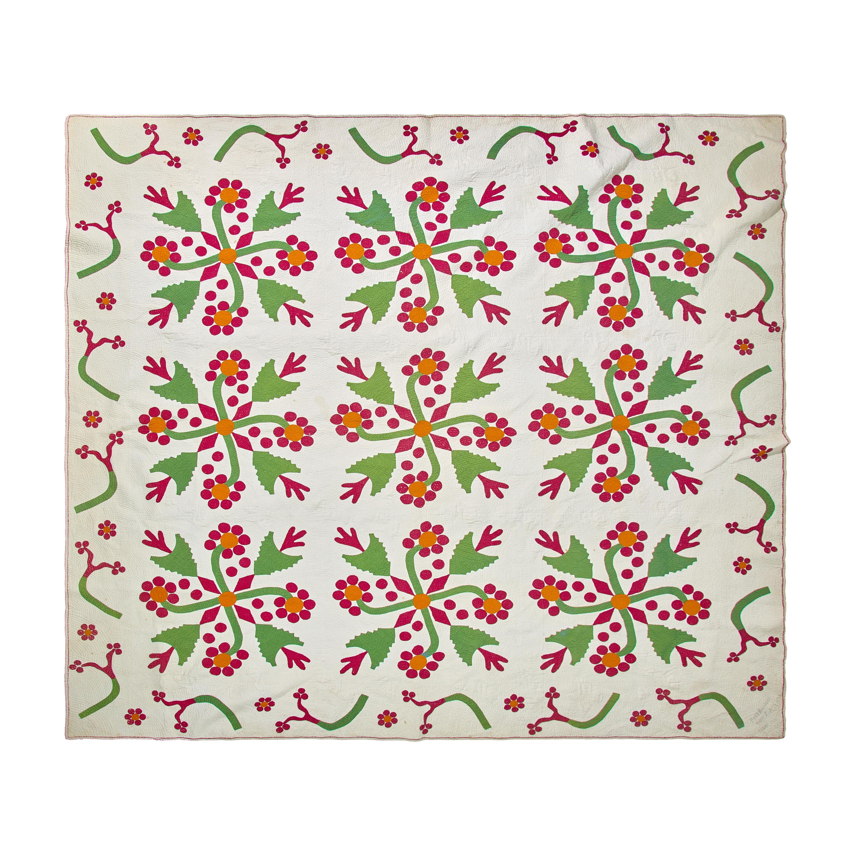 A Southern Whig Rose Quilted and Appliqued Cotton Quilt