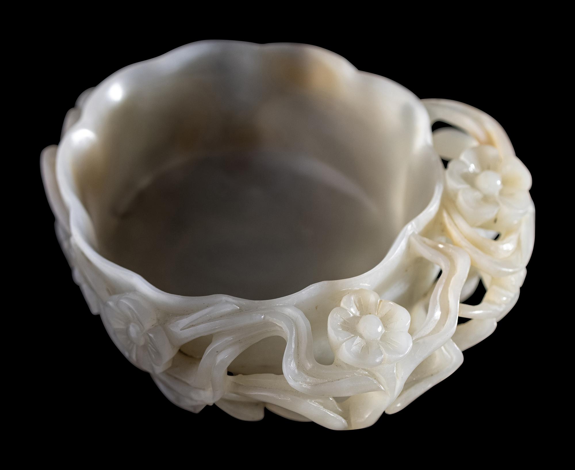 A Chinese Carved Jade 'Prunus' Brush Washer