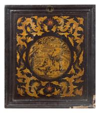 A Chinese Export Lacquered Panel Height 22 x width 19 inches.