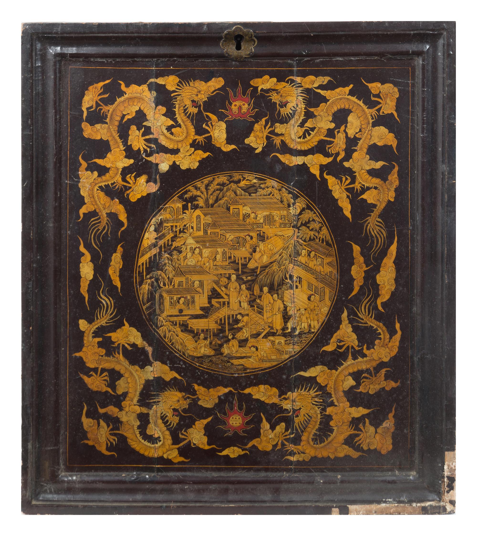 A Chinese Export Lacquered Panel Height 22 x width 19 inches.