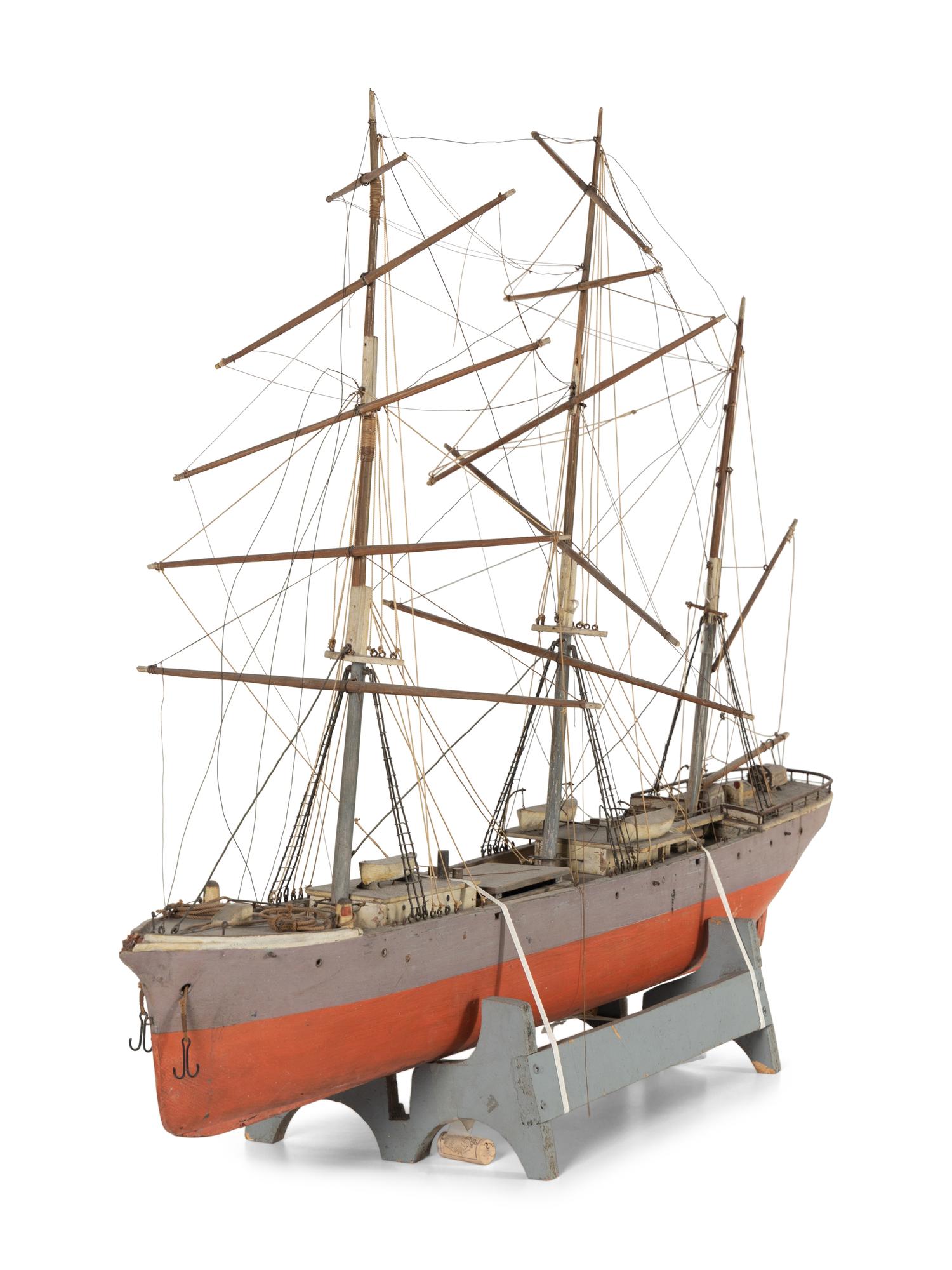 A Carved and Painted Wood Three-Mast Ship Model