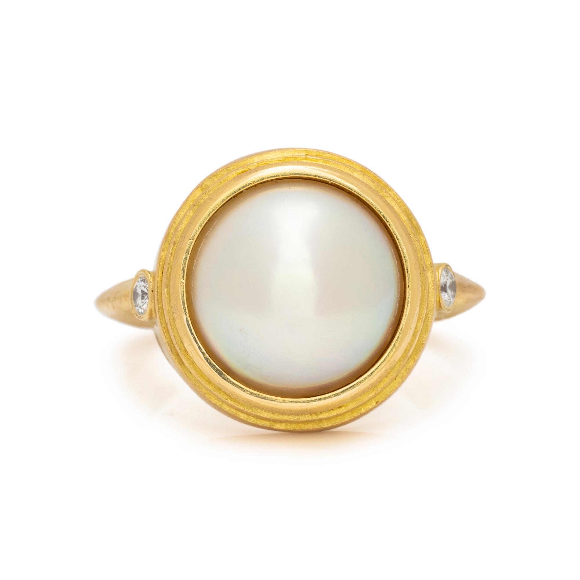 YELLOW GOLD, MABE CULTURED PEARL AND DIAMOND RING